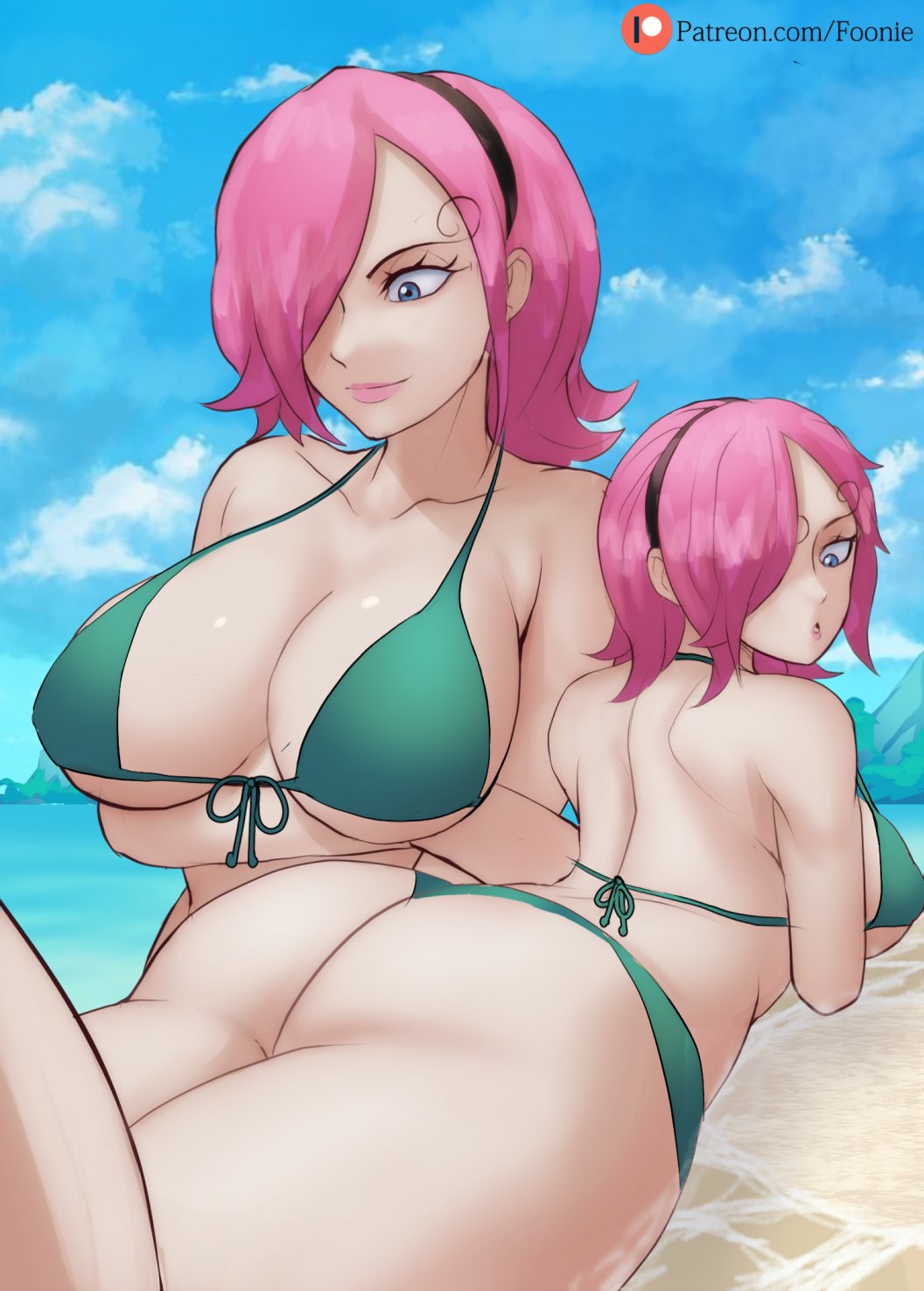 1girls, ass, big ass, big breasts, big butt, bikini, bikini bottom, bikini top, blue eyes, blush, breasts, cleavage, fat ass, female, female only, foonie xd, large ass, lipstick, looking back, one piece, pink hair, pink-haired female, solo, solo female, solo focus, thick thighs, thighs, vinsmoke reiju, wide hips