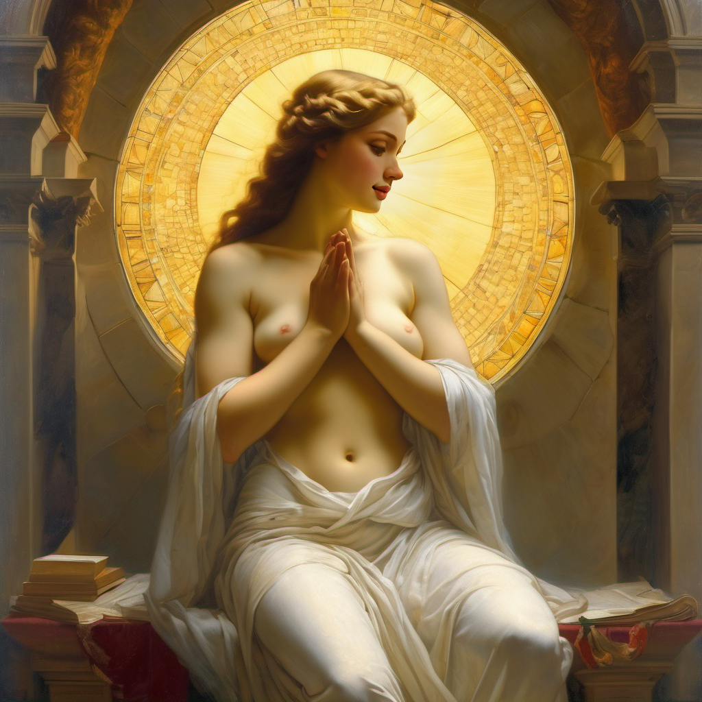 ai_generated belly blonde_hair blue_eyes breasts curly_hair curvy halo holy lips long_hair navel nipples nude praying presenting realistic sitting small_breasts smile solo stained_glass william_bouguereau