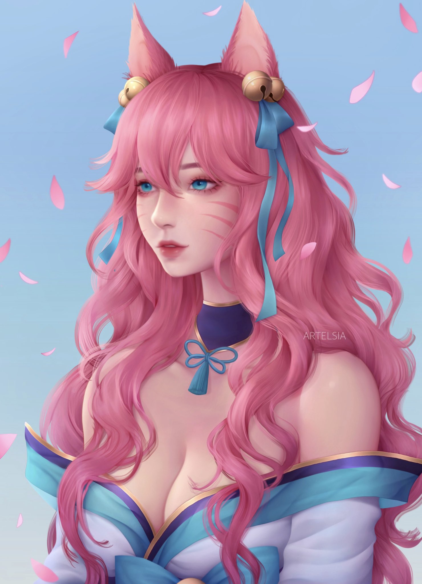 1girls ahri artelsia blue_eyes cleavage clothed clothing facial_markings female female_focus female_only fox_ears hair_ornament league_of_legends petals pink_eyeshadow pink_hair simple_background spirit_blossom_ahri spirit_blossom_series