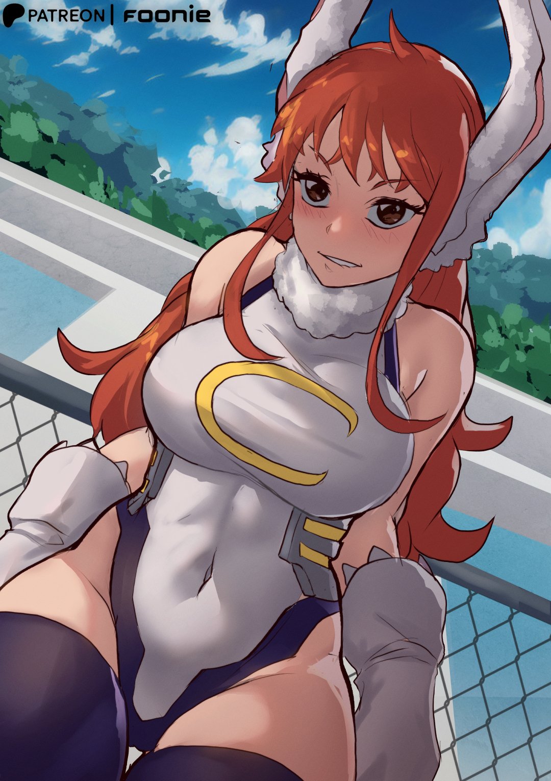 1girls, 4:5, big breasts, breasts, brown eyes, bunny ears, company connection, cosplay, crossover, crossover cosplay, female, female only, foonie xd, huge breasts, large breasts, leotard, long hair, looking at viewer, miruko (cosplay), my hero academia, nami (one piece), one piece, orange hair, orange-haired female, post-timeskip, shounen jump, shueisha, solo, solo female, solo focus, thick thighs, thighhighs, thighs, weekly shonen jump, wide hips