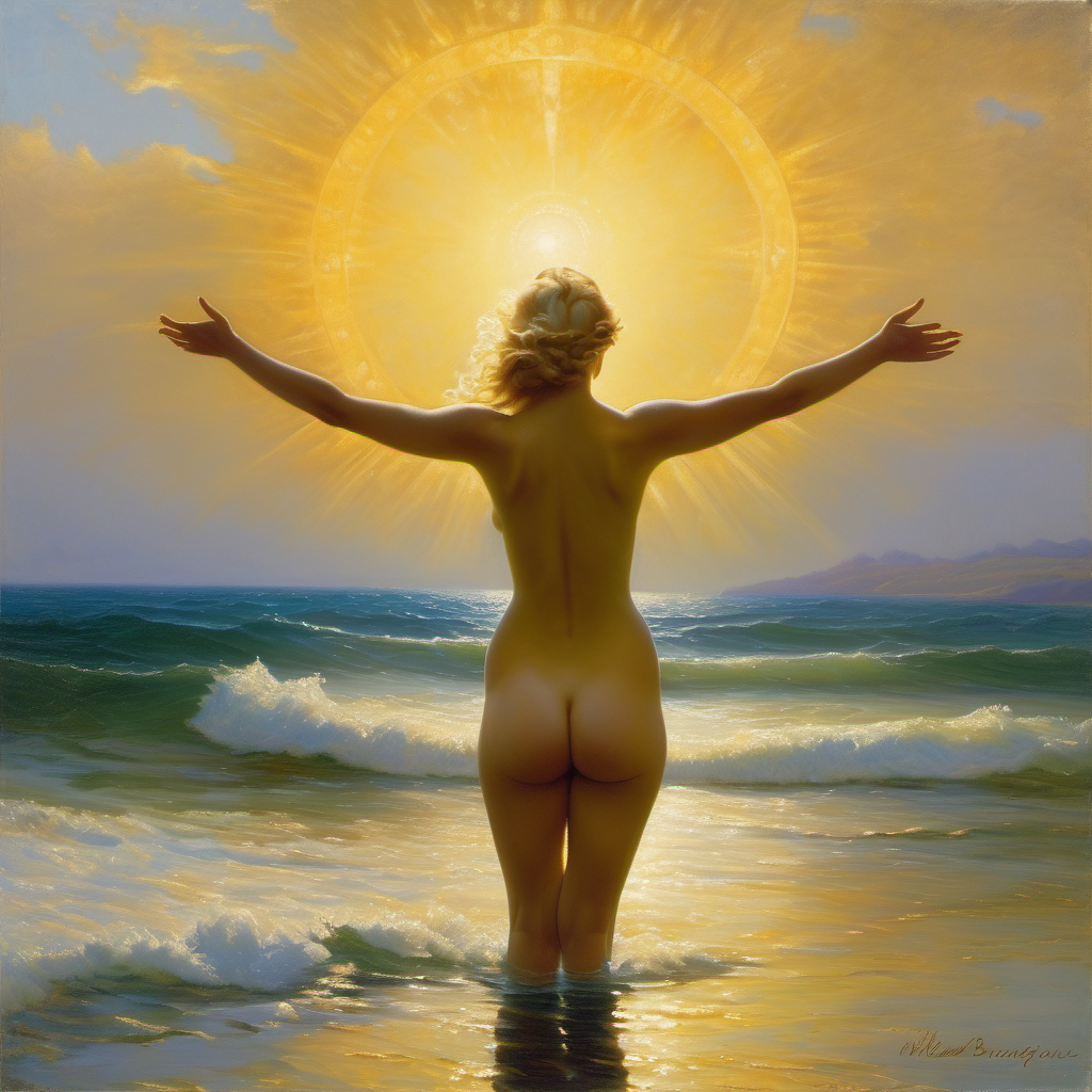 ai_generated ass back back_view beach blonde_hair curly_hair curvy halo horizon lips naked_female nude ocean presenting pubic_hair realistic seaside shore shoulder_length_hair sky small_breasts solo sun sunrise water waves william_bouguereau