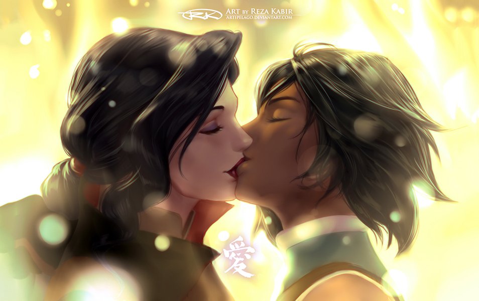 2girls, asami sato, avatar legends, canon couple, clothing, dark skin, dark-skinned female, female, female only, interracial, kissing, korra, short hair, straight hair, the avatar, the legend of korra, water tribe, yuri