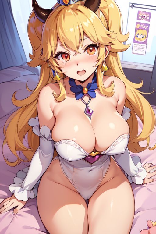 adorable ai_generated bean_mouth bean_smile big_breasts cute horns horny kawaii large_breasts lewd_face mario_(series) princess_peach thick_thighs thighs