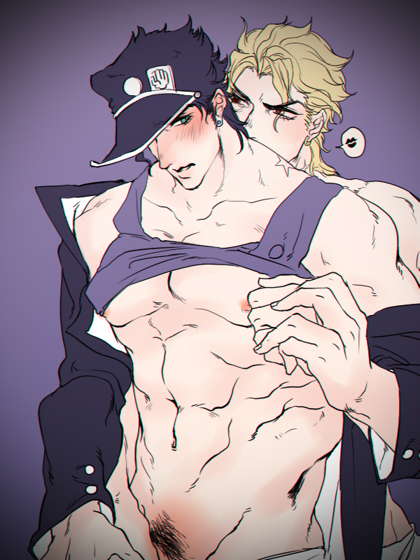 2boys behind_another dio_brando feeling_groin gay hand_grab hand_on_another's_hand hand_on_waist jojo's_bizarre_adventure jotaro_kujo less_end male male_only pubic_hair stardust_crusaders yaoi