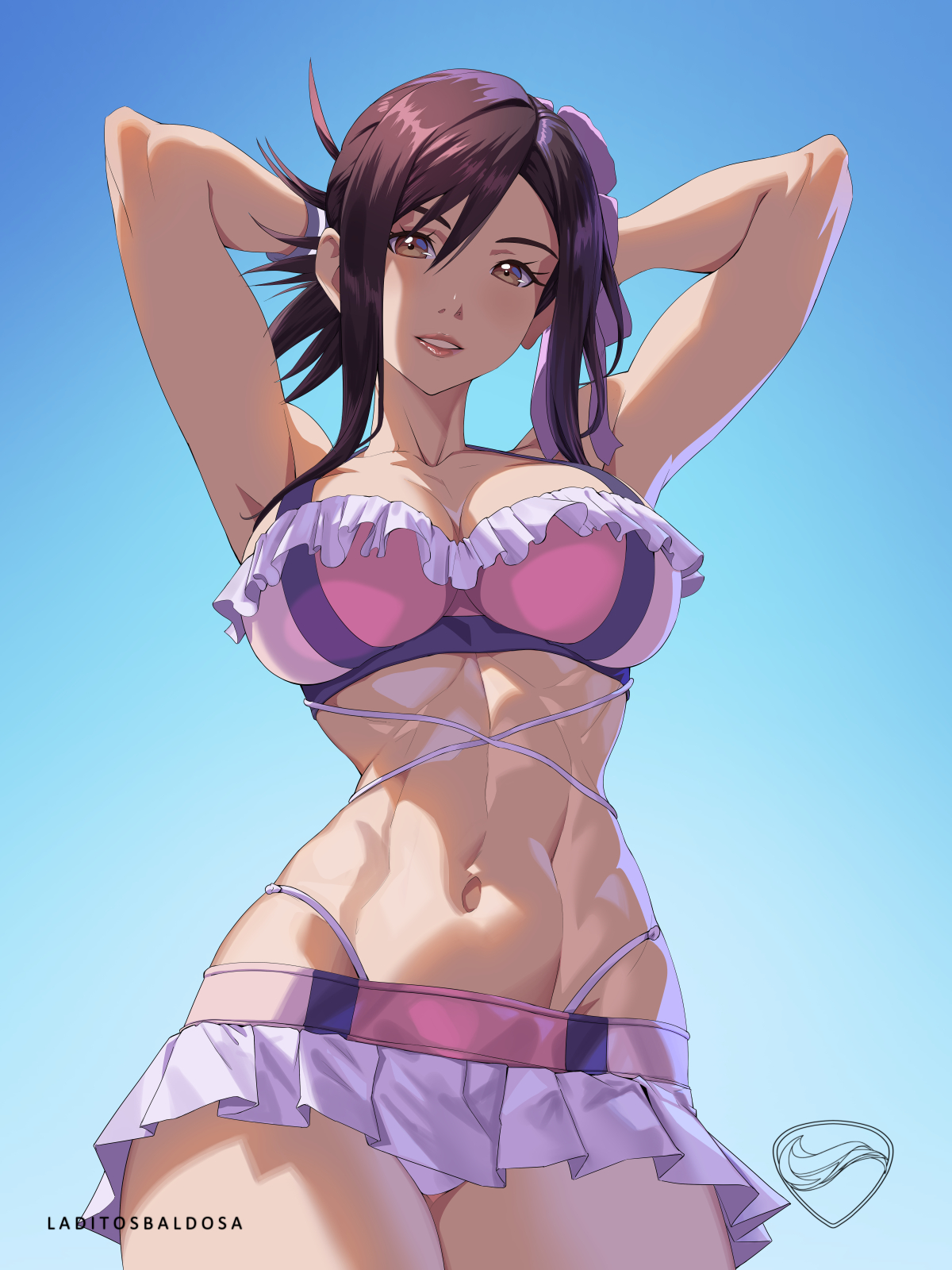 1girls, abs, bare arms, bare legs, bare shoulders, bare thighs, big breasts, bikini, bikini bottom, bikini top, black hair, breasts, clothed, clothing, color, female, female focus, female only, final fantasy, final fantasy vii, final fantasy vii rebirth, final fantasy vii remake, fit, fit female, hi res, laditosbaldosa, large breasts, light skin, light-skinned female, long hair, looking at viewer, muscles, muscular, muscular female, red eyes, solo, solo female, square enix, swimsuit, tagme, thick thighs, tifa lockhart, tifa lockhart (shining spirit)
