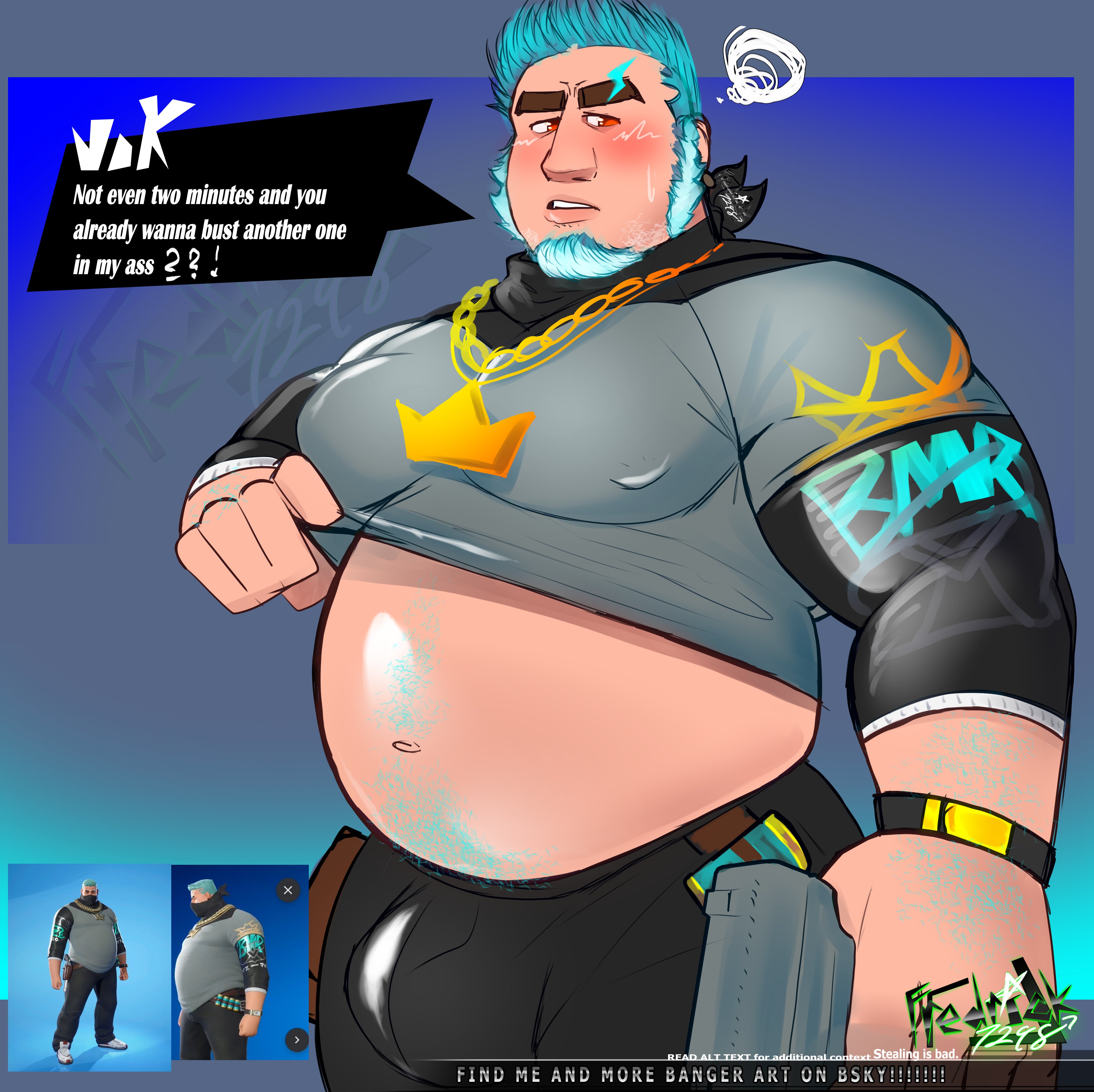 1boy, 2d, 2d (artwork), arm hair, artist name, bandana, belly focus, big belly, big bulge, blush, blush lines, blushing, body hair, bulge, bulge through clothing, bulge under clothes, chubby, chubby male, dialogue, english text, eyebrow slit, fat, fat male, fortnite, fortnite: battle royale, fred7298nsfw, fredrick7298, gay, goatee, hairy arms, hairy hands, hand hair, happy trail, holding gun, holding object, holding weapon, lifting shirt, long sleeves, looking away, male, male only, moobs, mutton chops, necklace, presenting belly, reference image, screenshot, shirt, shirt lift, showing belly, showing off, solo, solo focus, standing, teal hair, text, text box, vik vyce, watermark
