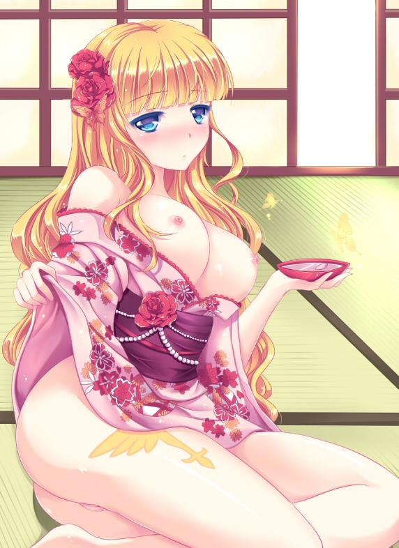 07th_expansion alcohol beatrice_(umineko) blonde_hair blue_eyes blush breasts butterfly female flower hair_flower hair_ornament japanese_clothes kimono long_hair looking_at_viewer murasakigo nipples no_bra no_panties obi rose sakazuki sake sash sitting solo tatami umineko_no_naku_koro_ni undressing yokozuwari yukata