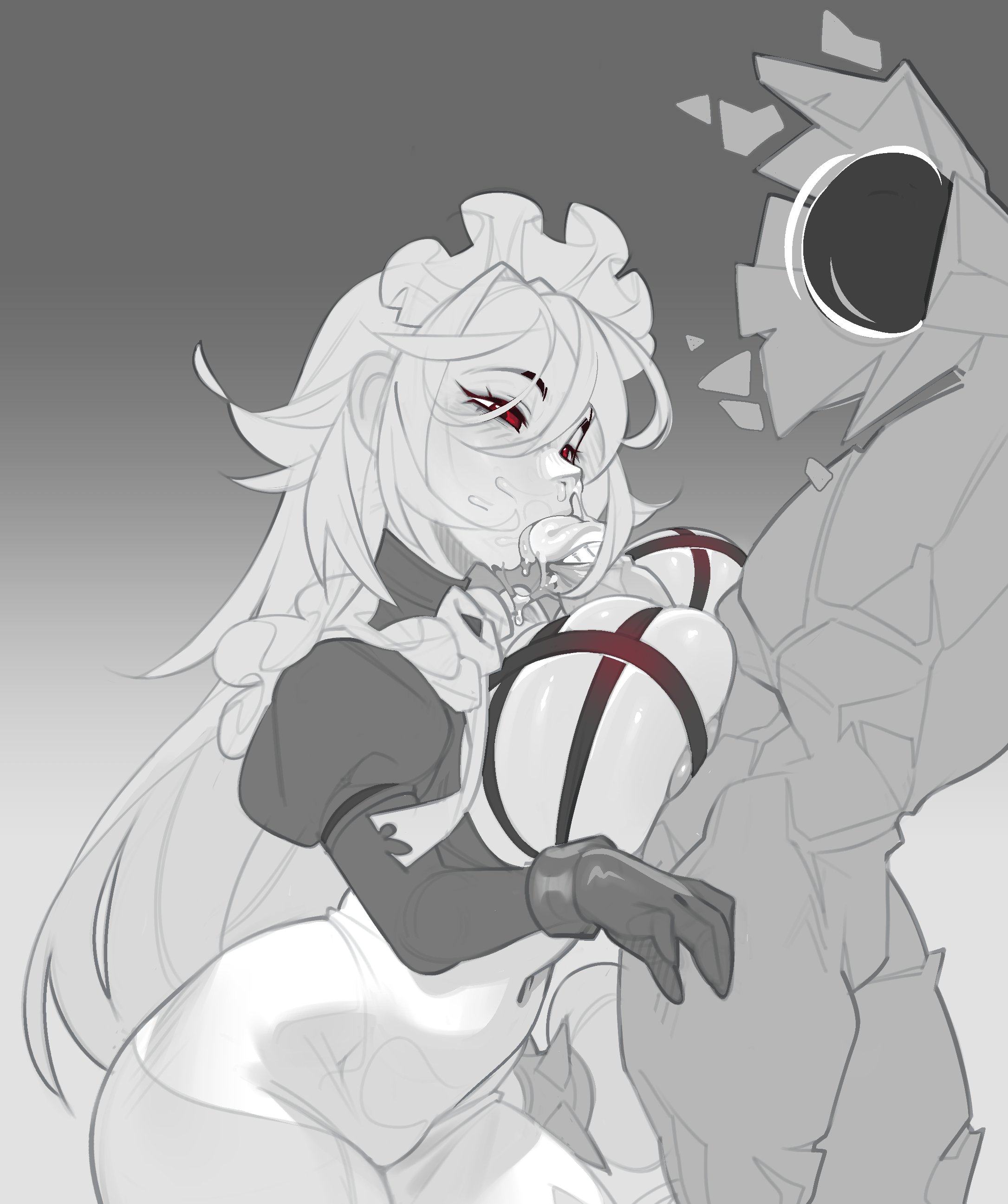 1boy, 1girls, alexandrina sebastiane, areolae, breasts, ethereal (zenless zone zero), female, female focus, grey hair, hoyoverse, large breasts, light skin, light-skinned female, light-skinned male, male, mihoyo, minos prime, minos prime (ultrakill), monochrome, monster, monster boy, monster cock, nipples, oral, outercourse, paizuri, penis, penis between breasts, sucking, sucking penis, troppart, uncensored, unseen male face, white background, zenless zone zero