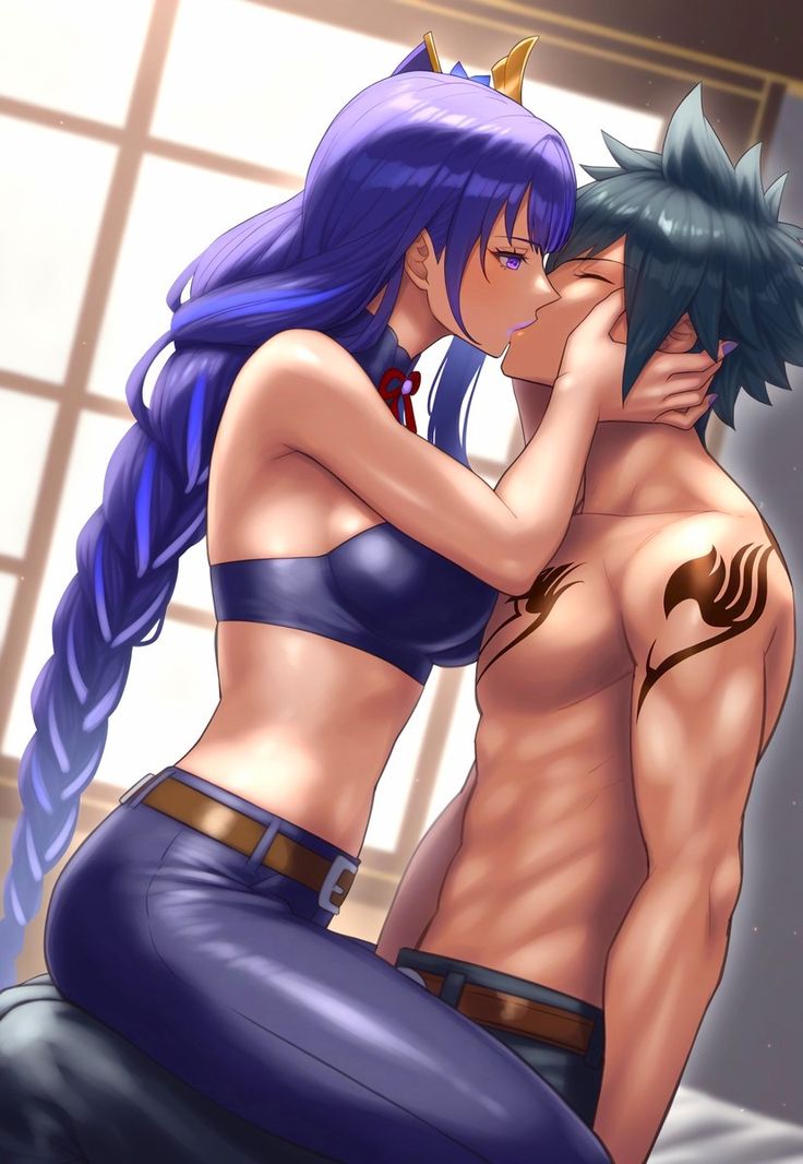 1boy1girl ai_generated anime babe beautiful beautiful_females bed bedroom belt big_breasts busty chocker crossover crossover_kiss crown curvy_female denim fairy_tail fantasy genshin_impact goddess gray_fullbuster hands_on_cheeks handsome handsome_man human imminent_sex jeans jnbu kissing knot lipstick mage midriff novelai open_eye purple_hair purple_lipstick raiden_shogun royalty rpg sexy shonen_jump side_view sitting sitting_on_bed spiky_hair straddling straight tattoo tattoo_on_chest tattooed_arm topless topless_male twintails video_game_franchise video_games