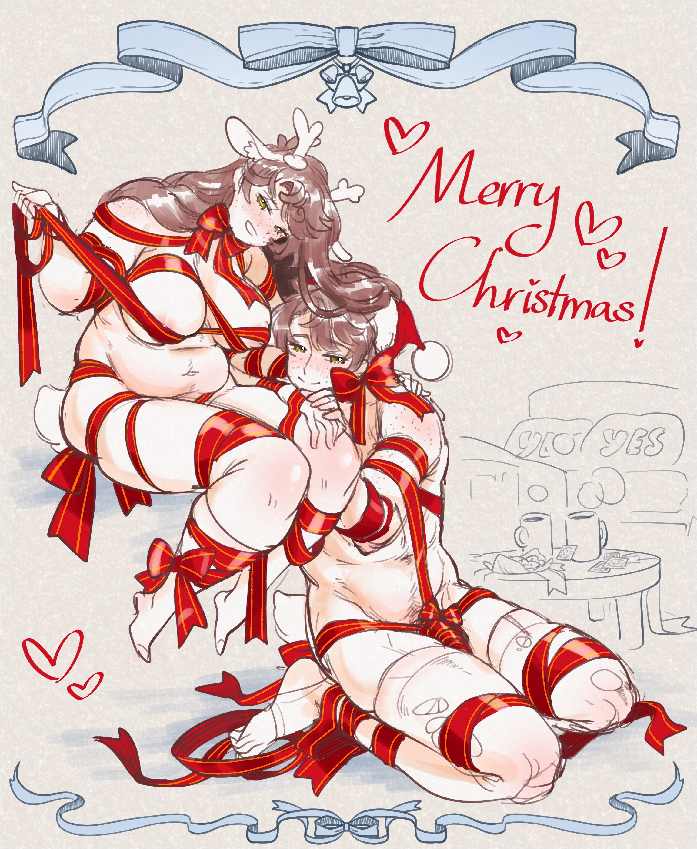 1boy, 1girls, big breasts, big thighs, breasts, christmas, chubby, chubby female, cute, degrees of lewdity, dollya, fanart, female, gift wrapped, gift wrapping, male, male and female focus, pinup, ribbon, ribbon bondage, ribbons, robin (dol), rule 63, straight, thick thighs, wrapped, wrappings