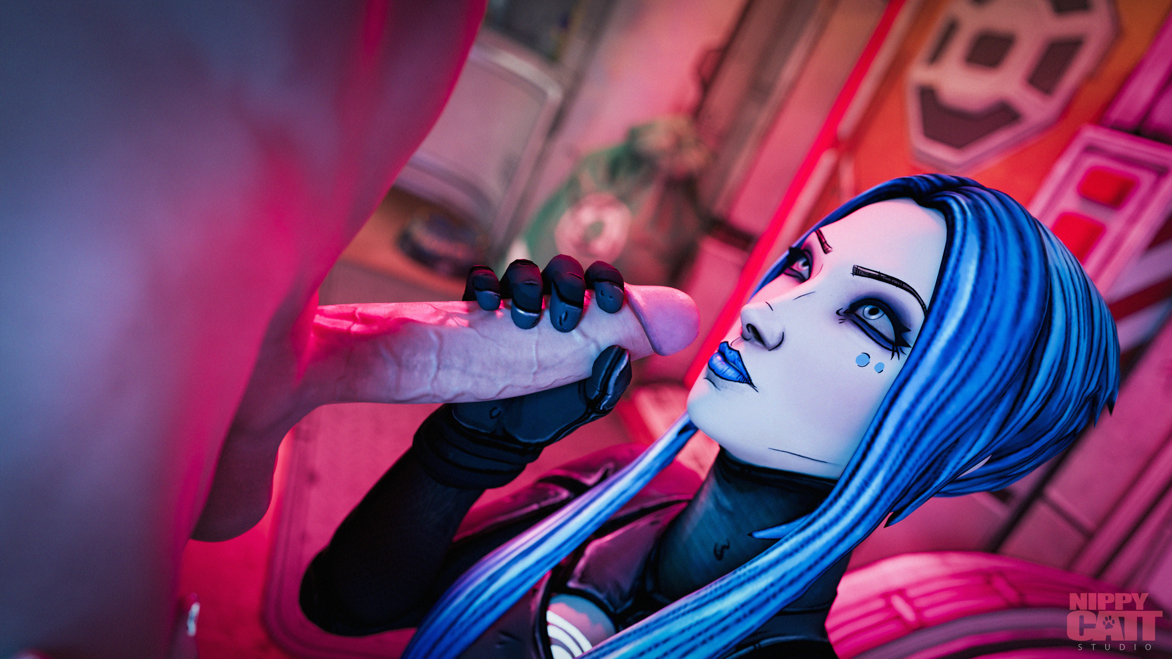 1boy, 1girls, 3d, 3d model, 3d render, 4k, blender, blender cycles, blue eyes, blue hair, blue lips, blue lipstick, blue-haired female, body markings, borderlands, borderlands 3, female, fingernails, gloves, glowing markings, glowing tattoo, hi res, highres, holding penis, lipstick, male, maya (borderlands), nail polish, nails, nippycattstudio, penis, self upload, siren (borderlands), siren markings, tagme, tattoo, tattooed arm, tattoos, video game character, video games