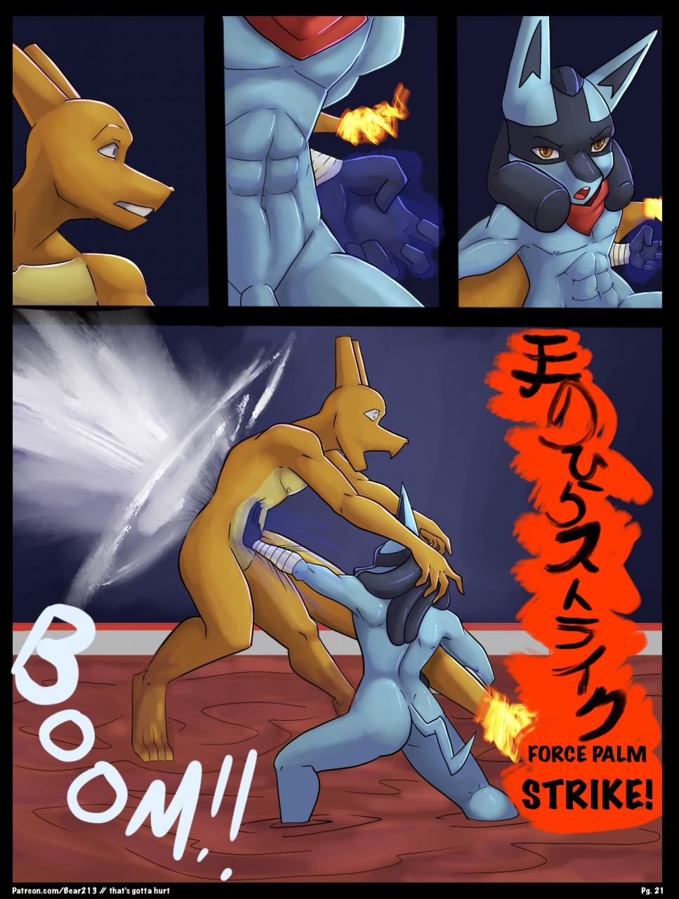anthro arm_wrapping ass bear213 blue_body blue_skin charizard comic english_text fire generation_1_pokemon generation_4_pokemon hi_res lucario male mud muscular nintendo nude orange_body orange_skin pokemon pokemon_(species) text