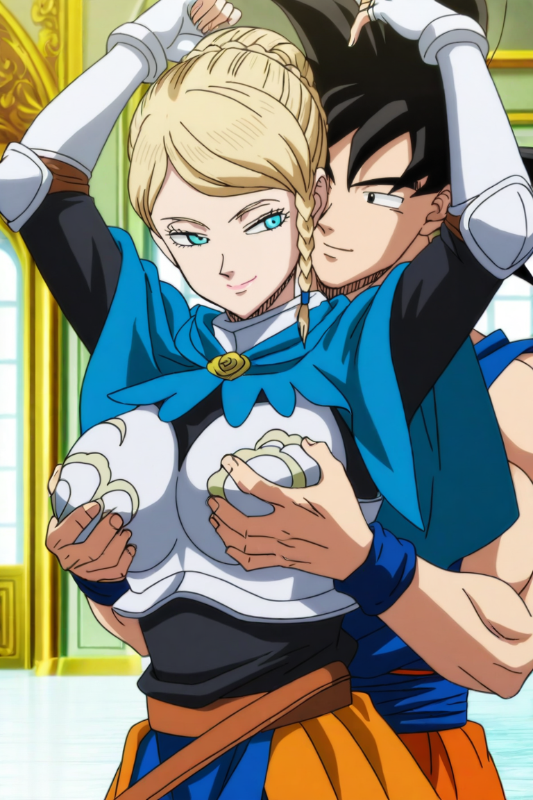 ai_generated armor black_clover breast_plate breasts charlotte_roselei cheating cheating_husband dragon_ball dragon_ball_super dragon_ball_z excited_male goku grabbing_breasts groping_breasts indoors knight looking_at_another magic_knight netorare ntr seductive_smile sexy smile son_goku standing