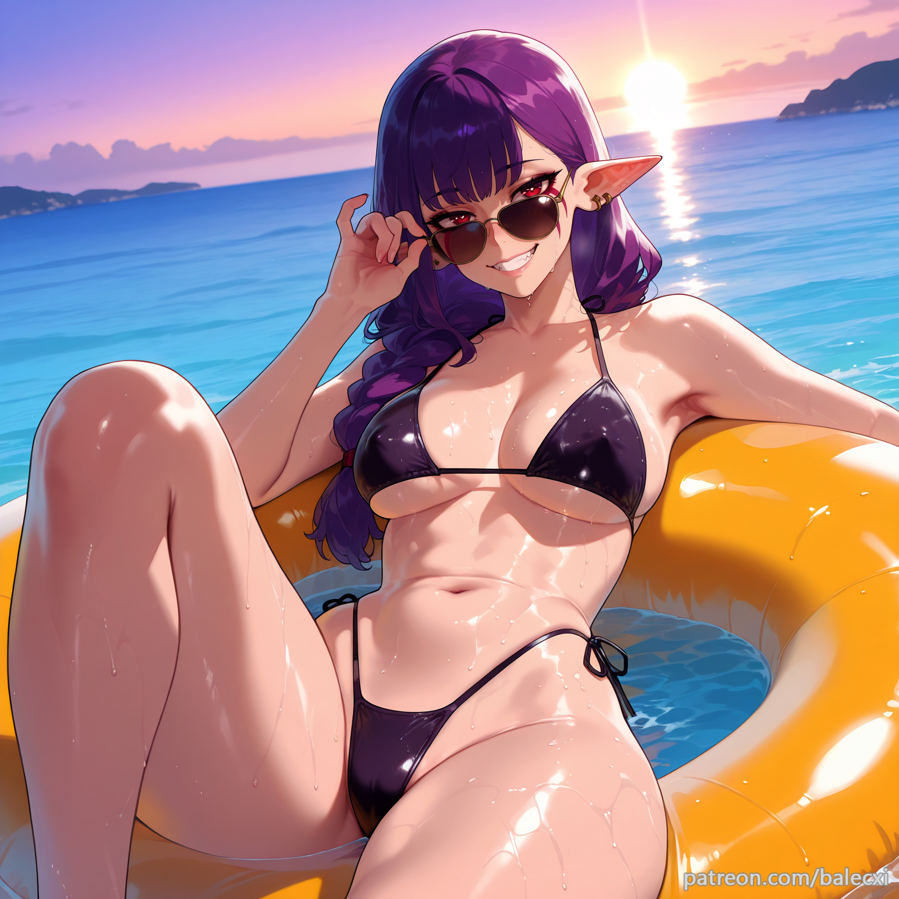 1girls, adjusting eyewear, ai generated, aviator sunglasses, balecxi, bikini, black bikini, breasts, esil radiru, female, grin, innertube, large breasts, long hair, looking at viewer, looking over eyewear, looking over sunglasses, mole, mole under eye, navel, outdoors, pointy ears, purple hair, red eyes, side-tie bikini bottom, smile, solo, solo leveling, stomach, sunglasses, swim ring, swimsuit, thighs, tinted eyewear, water, wet