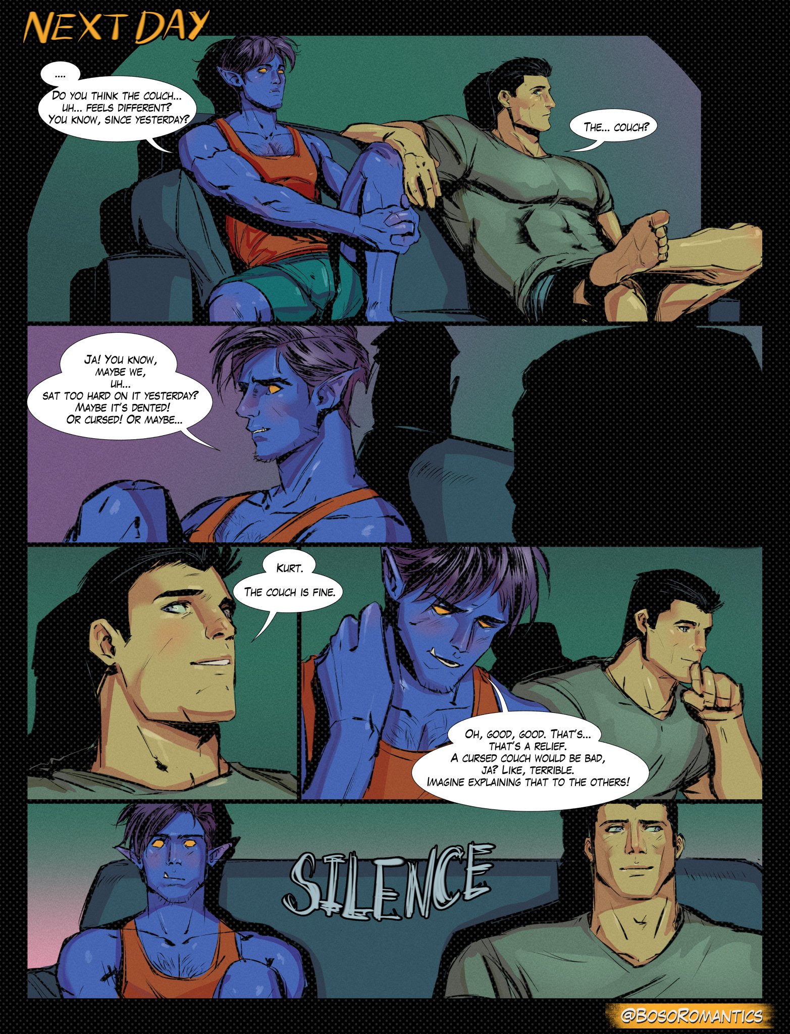 abs, awkward, black hair, blue body, blue hair, blue skin, blush, bosoromantics, chest hair, colossus, comic, couch, dialogue, feet, foot, fully clothed, gay, kurt wagner, male, male feet, male only, marvel, marvel comics, muscular, muscular male, nightcrawler, piotr rasputin, speech bubble, story, uncensored, x-men, yaoi, yellow eyes