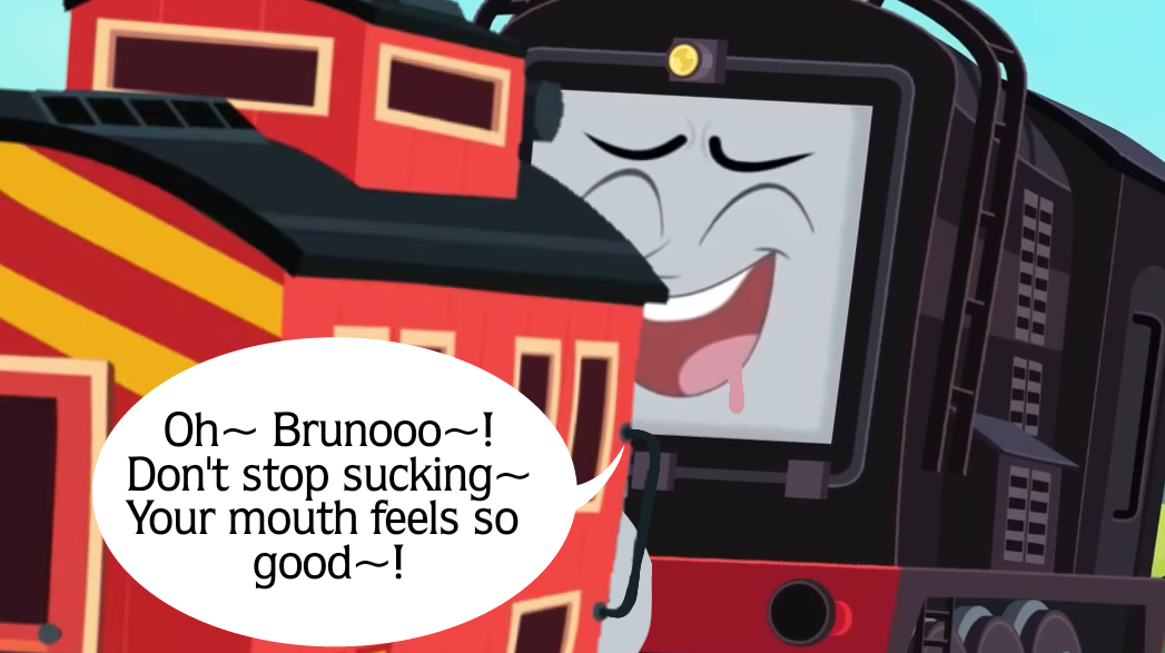 accurate_art_style ahe_gao black_body blowjob brake_cussy bruno_the_brake_car caboose calling_out_name closed_eyes dialogue dialogue_bubble diesel_(thomas_and_friends) drooling edit edited edited_image edited_screencap fellatio grey_face hands-free locomotive mattel moaning moaning_name pleasure_face praise red_body speech_bubble text thomas_and_friends thomas_and_friends_all_engines_go train young young_on_young