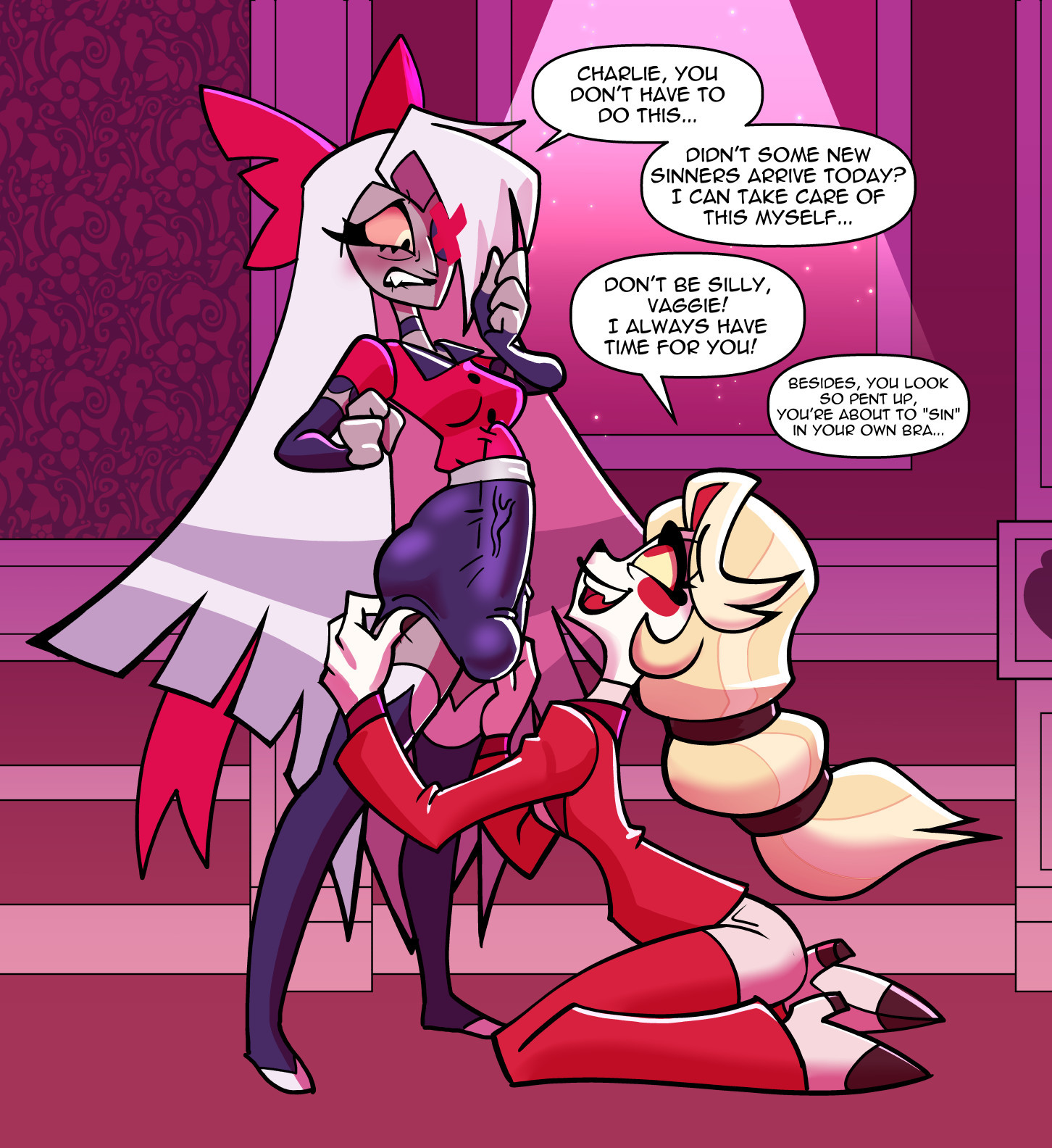 2futas, balls, big penis, blonde futa, blonde hair, breasts, bulge, bulge through clothing, canon couple, charlie morningstar, charlie morningstar (hazbin hotel), clothed, clothing, comically large penis, duo, english text, erection under clothes, female, fully clothed, futa on futa, futa only, futanari, girlfriends, grey skin, grey-skinned futa, hazbin hotel, huge cock, humanoid, humanoid penis, intersex, intersex/intersex, kneeling, long hair, long penis, on knees, penis, pent up, red pupils, shorts, speech bubble, text, vaggie (hazbin hotel), veiny penis, very long hair, white skin, white-skinned futa, yellow eyes, yellowjackinit