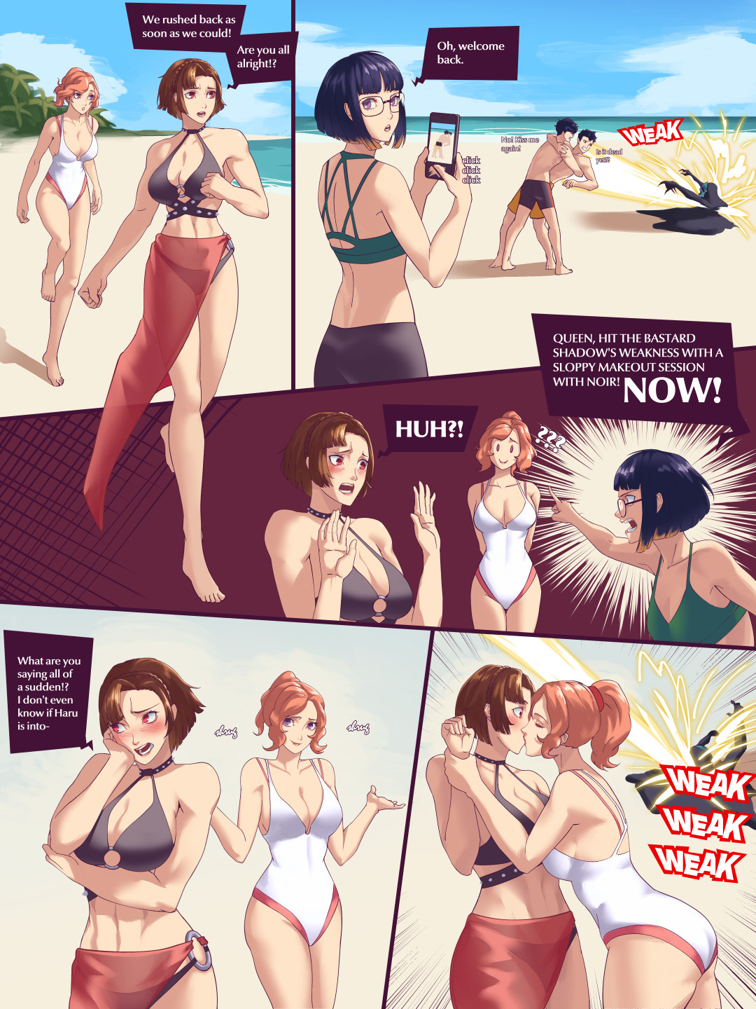 2boys, 3:4, 3girls, 5koma, alternate hair color, alternate hairstyle, ass, beach, big breasts, black hair, blue hair, blush, blushing, breasts, brown eyes, brown hair, female, haru okumura, kissing, makoto niijima, male, mayonnaisenaise, medium ass, medium breasts, megami tensei, multiple boys, multiple females, multiple girls, multiple males, one-piece swimsuit, persona, persona 5, pink hair, red eyes, ren amamiya, ryuji sakamoto, sakura futaba, shadow (persona), swimsuit, two-tone hair, yaoi, yuri