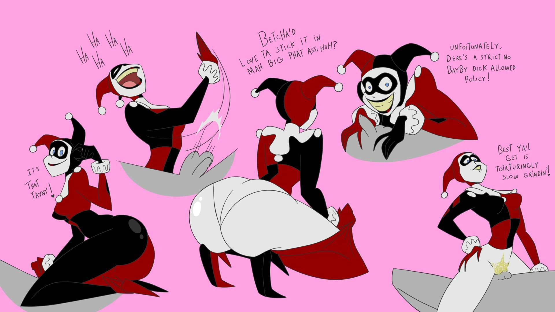accent, ass, balls, balls slap, big ass, big butt, cock and ball torture, cock and balls torture, dc, dc comics, dialogue, disembodied penis, english text, faceless male, female, harley quinn, harley quinn (classic), jones boi, male, penis, pinching gesture, small penis humiliation, sph