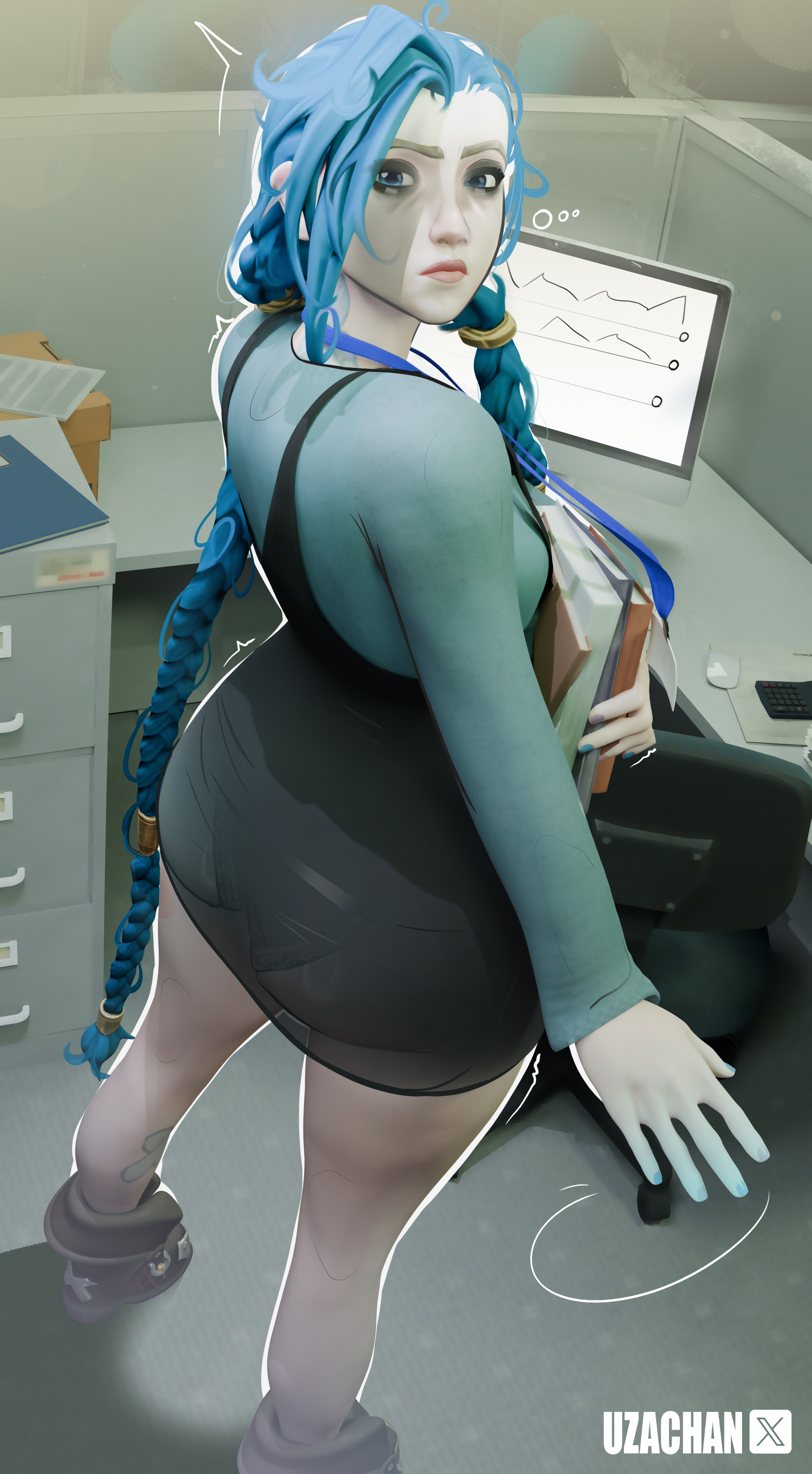 1girls, 2025, 3d, arcane, arcane jinx, ass, blender, blue hair, braid, braided hair, braided ponytail, clothed, clothing, female, female focus, female only, hi res, highres, jinx (league of legends), league of legends, looking at viewer, office, office lady, panties, ponytail, ponytails, riot games, see-through, see-through skirt, showing off, skirt, standing, underwear, uzachan, watermark