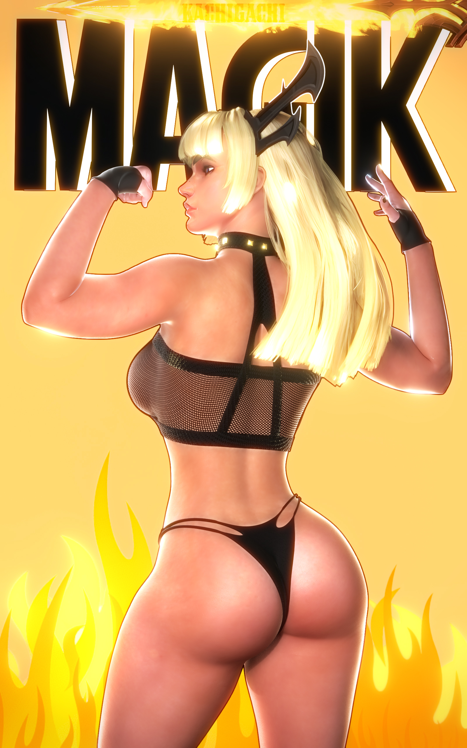 1girls, ass, back view, big ass, big breasts, blonde hair, blue eyes, breasts, female, female only, kachigachi, long hair, magik (illyana rasputin), magik (marvel rivals), marvel, marvel comics, marvel rivals, solo, standing, thick thighs, thong, x-men