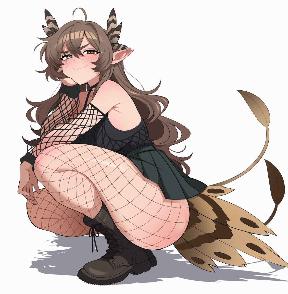 1girls, ahoge, ass, big ass, bird tail, black boots, black dress, blush, blushing ears, brown eyes, brown hair, cute, ear piercing, feathered tail, feathers, female, fishnet armwear, fishnet legwear, fishnets, green eyes, harpy, harpy girl, heterochromia, indie virtual youtuber, kumi (vtuber), light-skinned female, long ears, maidcousin, pointy ears, smug, sole female, tagme, tail, thick ass, thick thighs, virtual youtuber