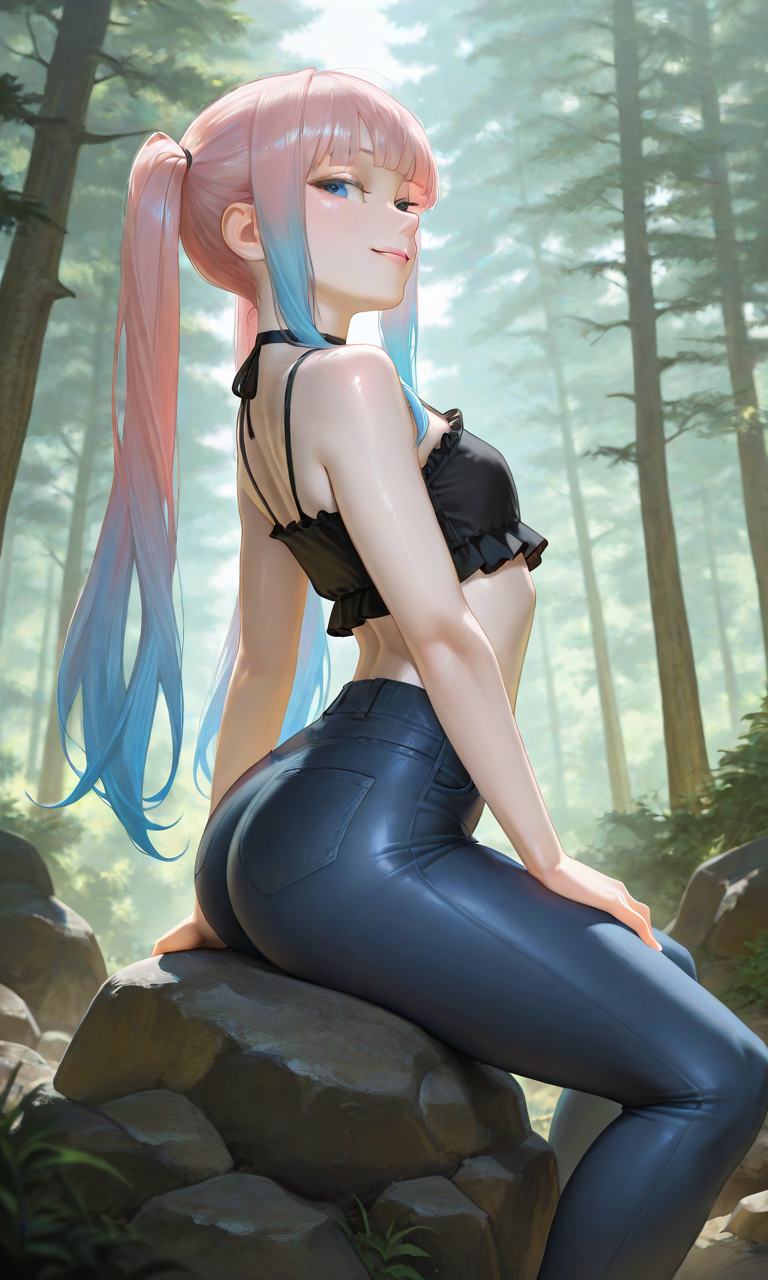 ai_generated arching_back blue_eyes blue_hair blunt_bangs crop_top female female_only forest frilled_top gradient_hair jeans long_hair long_sidelocks looking_at_viewer medium_breasts original_character pink_hair plopendil rock round_ass sidelocks sitting smile tight_pants twintails two_tone_hair