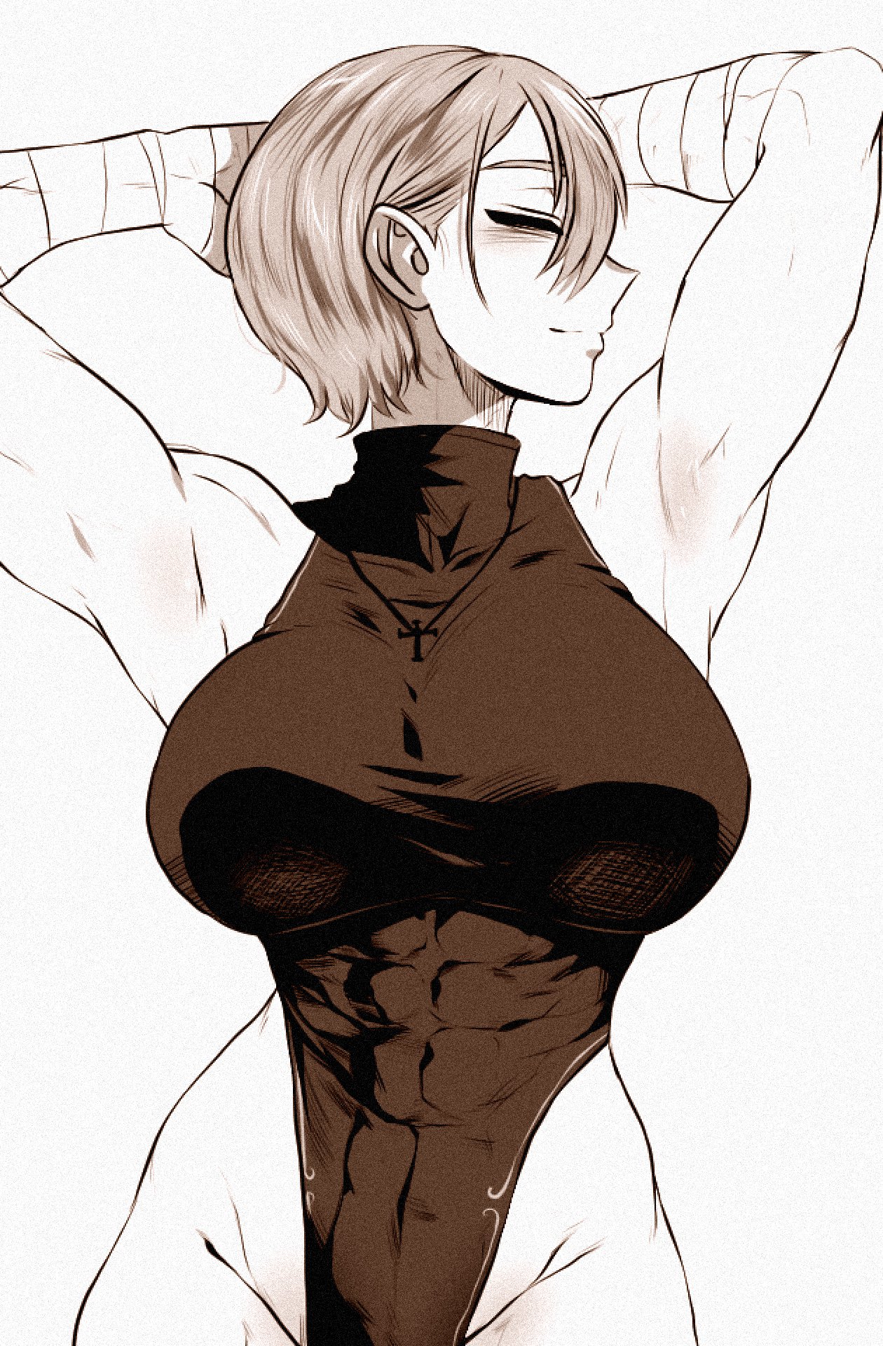 1girls, armpits, arms behind head, bell (spoiledmuffin), closed eyes, female, muscular, muscular female, original, short hair, solo, spoiledmuffin