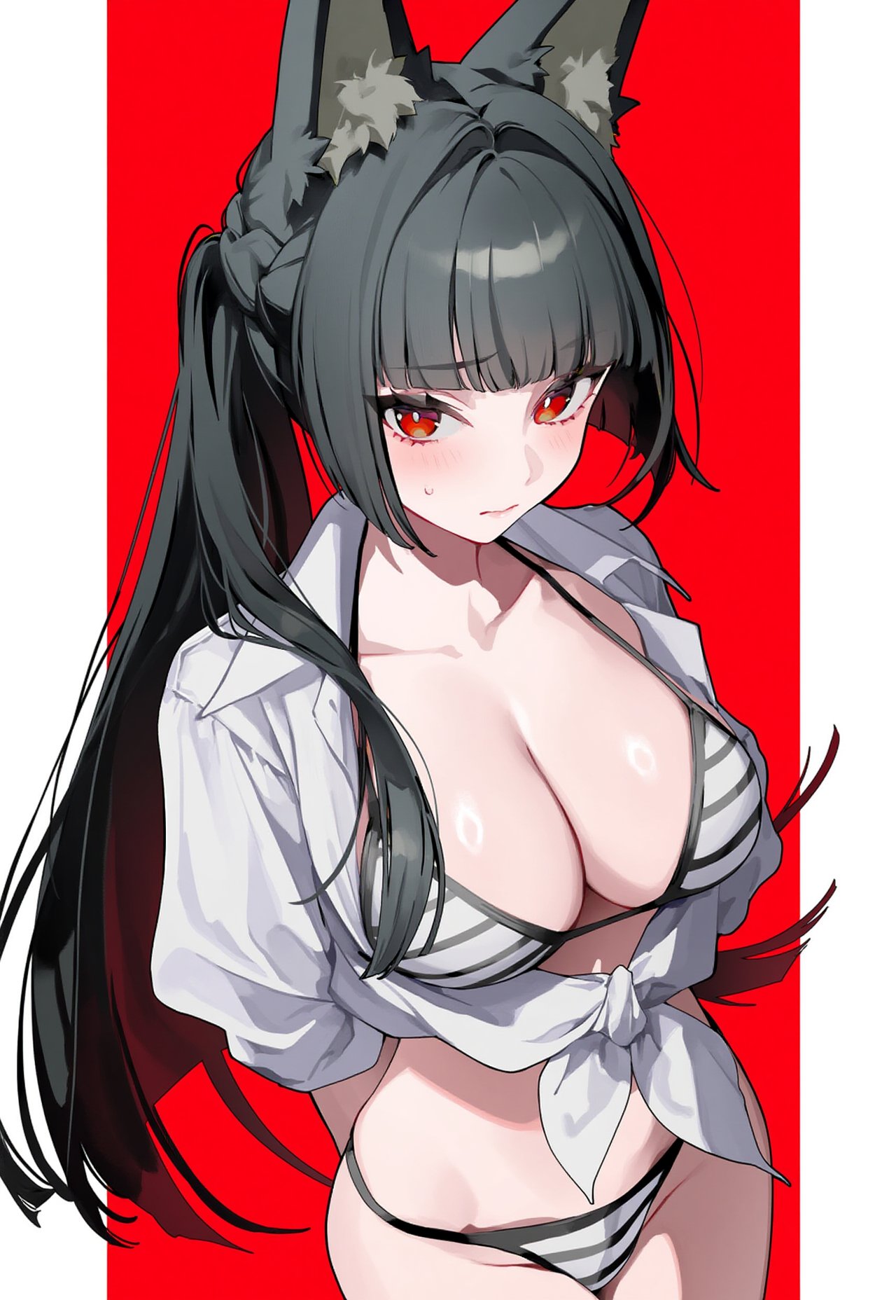 1girls ai_generated animal_ear_fluff anthro bikini black_hair breasts cleavage female fox_ears fox_girl hoshimi_miyabi large_breasts long_hair ponytail red_eyes solo zenless_zone_zero