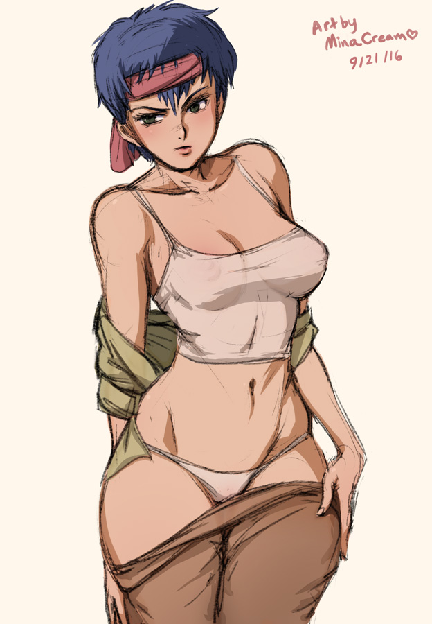 2016, belly, belly button, black magic m-66, blue hair, breasts, female, green eyes, headband, leggings, leggings down, midriff, minacream, navel, nipples, panties, pants pull, see-through, short hair, simple background, solo, sybel, tank top, tomboy, underwear, undressing, white panties