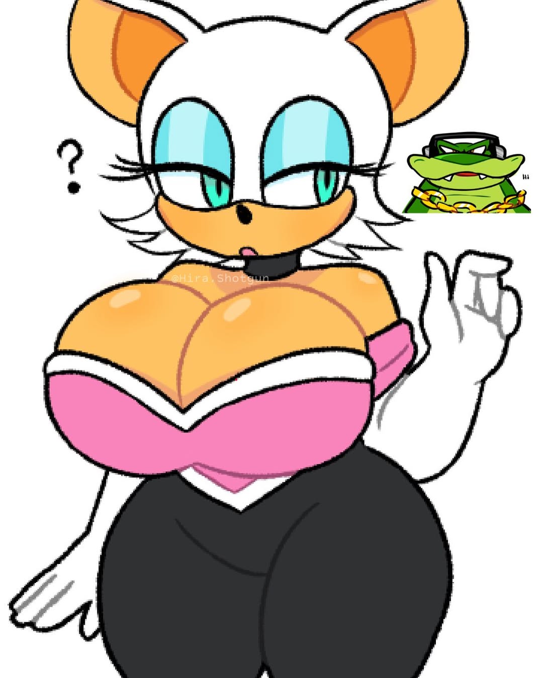 1boy, 1girls, 2d, 2d (artwork), 2d artwork, anthro, anthro female, anthro only, aqua eyes, ass, bat, bat girl, big breasts, big tits, blue eyes, blue eyeshadow, breasts, breasts bigger than head, cleavage, curvaceous, curvy, curvy body, curvy female, curvy figure, eyelashes, eyeshadow, female, furry, furry female, furry only, gloves, heart, heart symbol, hips, hira.shotgun, huge breasts, large ass, looking back, male, mobian, mobian (species), mobian bat, question mark, rouge the bat, sega, sonic (series), sonic adventure 2, sonic the hedgehog (series), tits, unique style, vector the crocodile, voluptuous, voluptuous female, wide hips