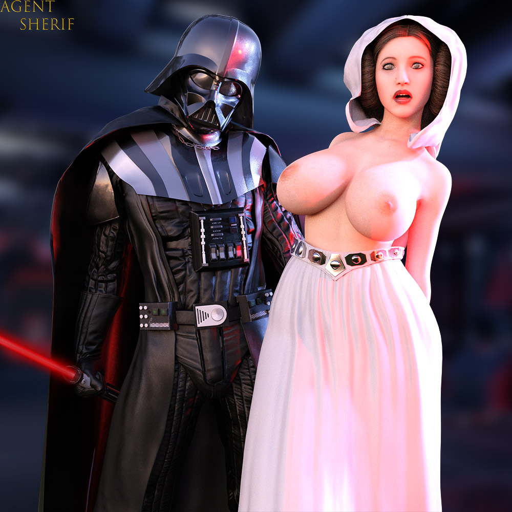 3d, areolae, big breasts, breasts, brown hair, busty, darth vader, erect nipples, father and daughter, female, hourglass figure, large breasts, lightsaber, male, nipples, nordfantasy, princess leia organa, red lightsaber, standing, star wars, topless, unseen male face