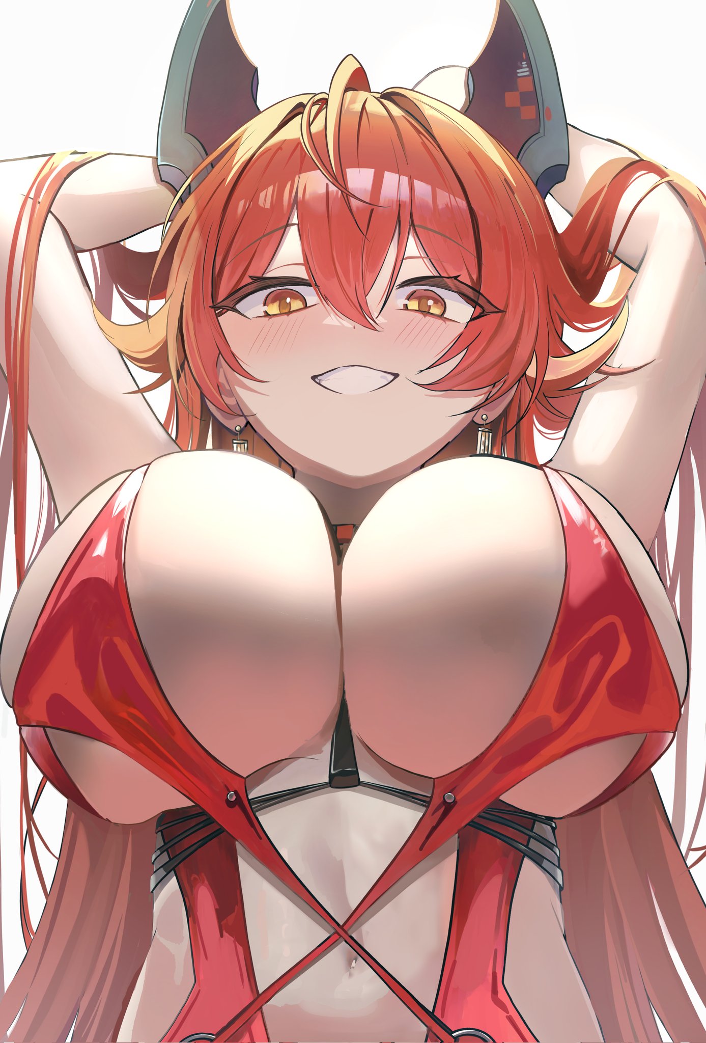 1girls, artist request, breasts, female, goddess of victory: nikke, huge breasts, looking at viewer, red eyes, red hair, red hood (nikke), red hood (nonsense red) (nikke), smile