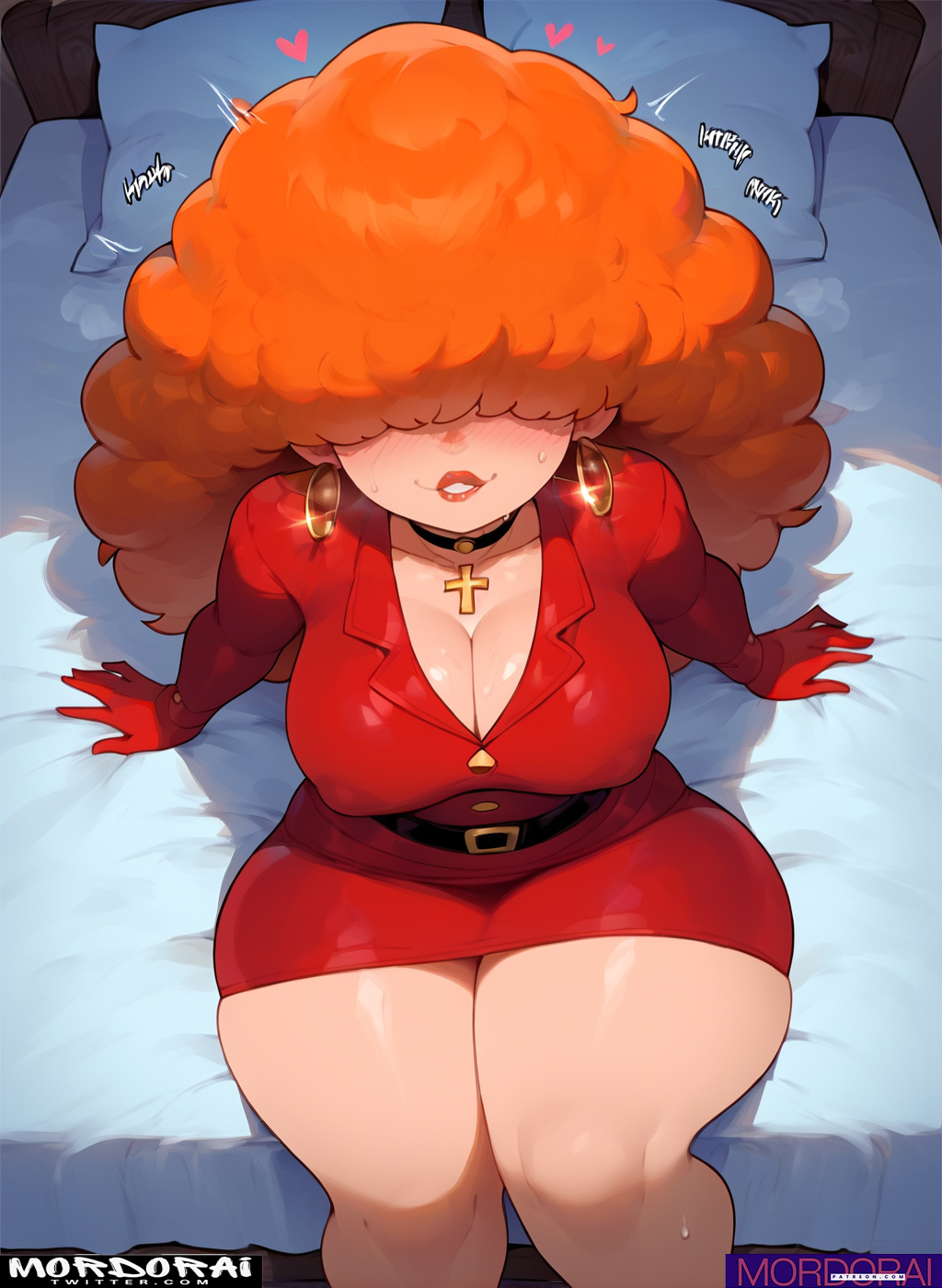 ai_generated bare_thighs blush cartoon_network gigantic_breasts hair_over_eyes huge_breasts huge_thighs light-skinned_female light_skin massive_breasts mature_female milf mordorai office_lady orange_hair powerpuff_girls sara_bellum smiling solo_female squatting sweat sweatdrop thick_body thick_female thick_thighs thighs voluptuous voluptuous_female