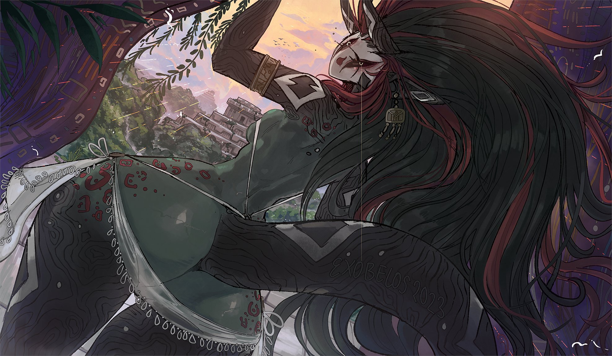 1girls, 2023, 2d, 2d (artwork), 3 eyes, ass, barely clothed, big ass, black hair, black sclera, body markings, demon, demon girl, earrings, exobelos, eyelashes, fat ass, female, female focus, female only, green skin, horns, hourglass figure, ixkan (exobelos), large ass, large tail, long hair, monster girl, multi eye, pointy ears, red hair, solo, solo female, solo focus, tail, tail markings, voluptuous, voluptuous female