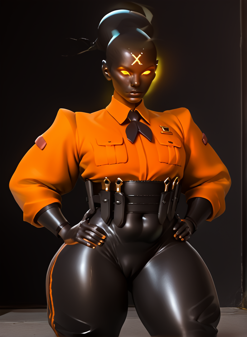 1girls ai_generated belly belly_button belly_button_visible_through_clothing belly_visible_through_clothing black_body black_bottomwear black_hair black_pants black_skin black_tie camel_toe cameltoe deadlock female female_only glowing glowing_eyes hands_on_hips haze_(deadlock) hips looking_at_viewer magnumdawn military military_uniform orange_clothing orange_shirt pony_diffusion_xl pudgy_belly puffy_sleeves pussy solo solo_female stable_diffusion thick_thighs thighs tie tight_clothing tight_pants tool_belt vagina vagina_visible_through_clothing valve valve_(company) wide_hips yellow_eyes