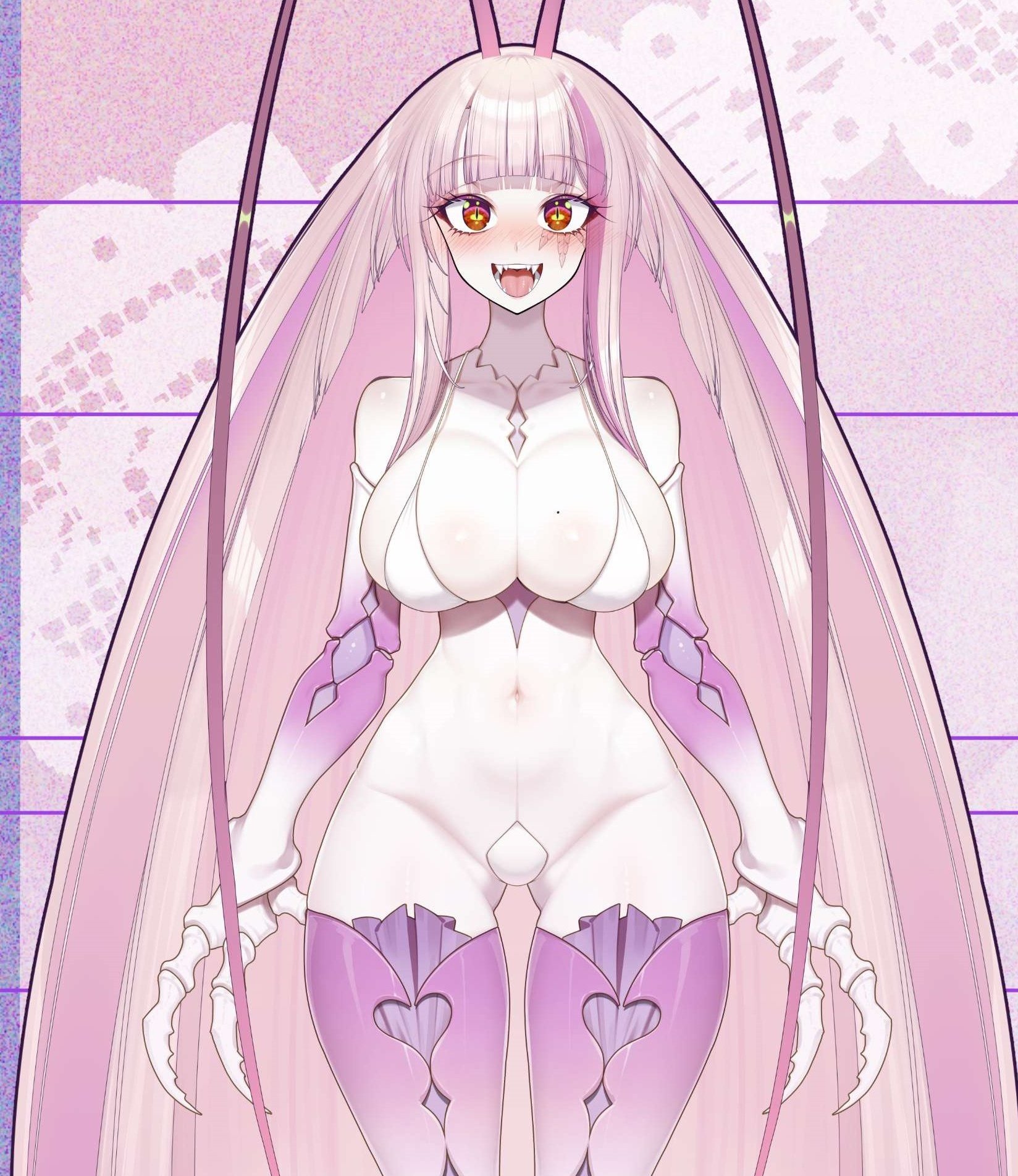 antennae (anatomy), bikini top, breasts, chitin, claws, cockroach, cockroach girl, cockroach humanoid, female, insect girl, insects, large breasts, light skin, light-skinned female, long hair, matara kan, mole on breast, monster girl, pale skin, pale-skinned female, pussy, pussy pasty, unusual anatomy, unusual eyes, unusual pupils, very long hair, virtual youtuber, vshojo, vtuber