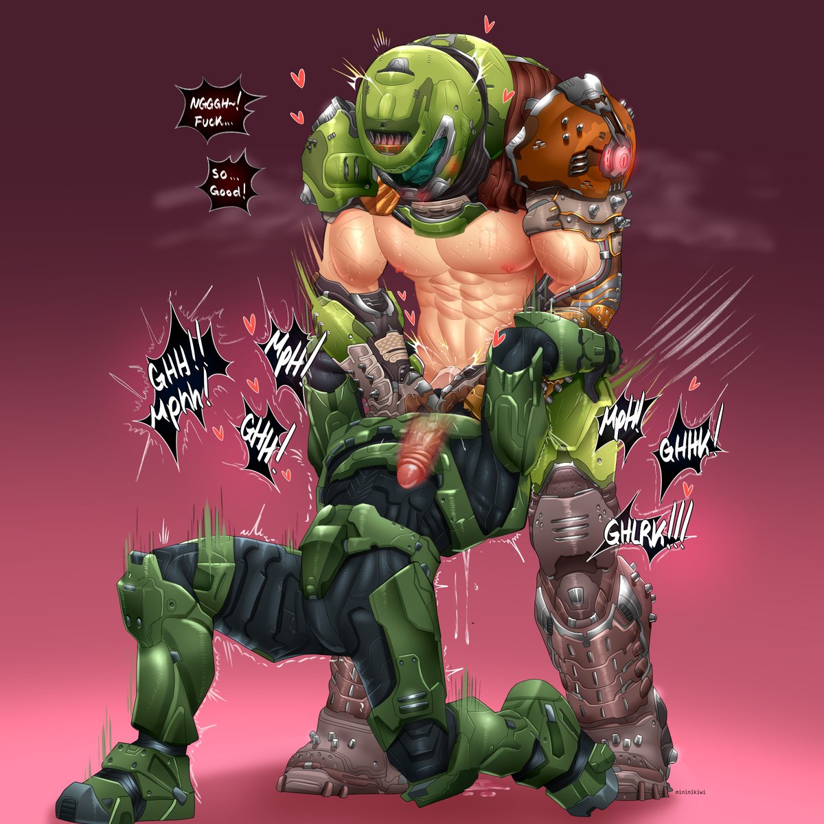 2boys blowjob crossover deepthroat dialogue dominant_male doom doom_slayer_(doom) erection gay gay_domination halo halo_(game) male/male male_only master_chief mininikiwi_nsfw moaning moaning_on_cock muscular muscular_male precum_drip thrusting_into_mouth trembling