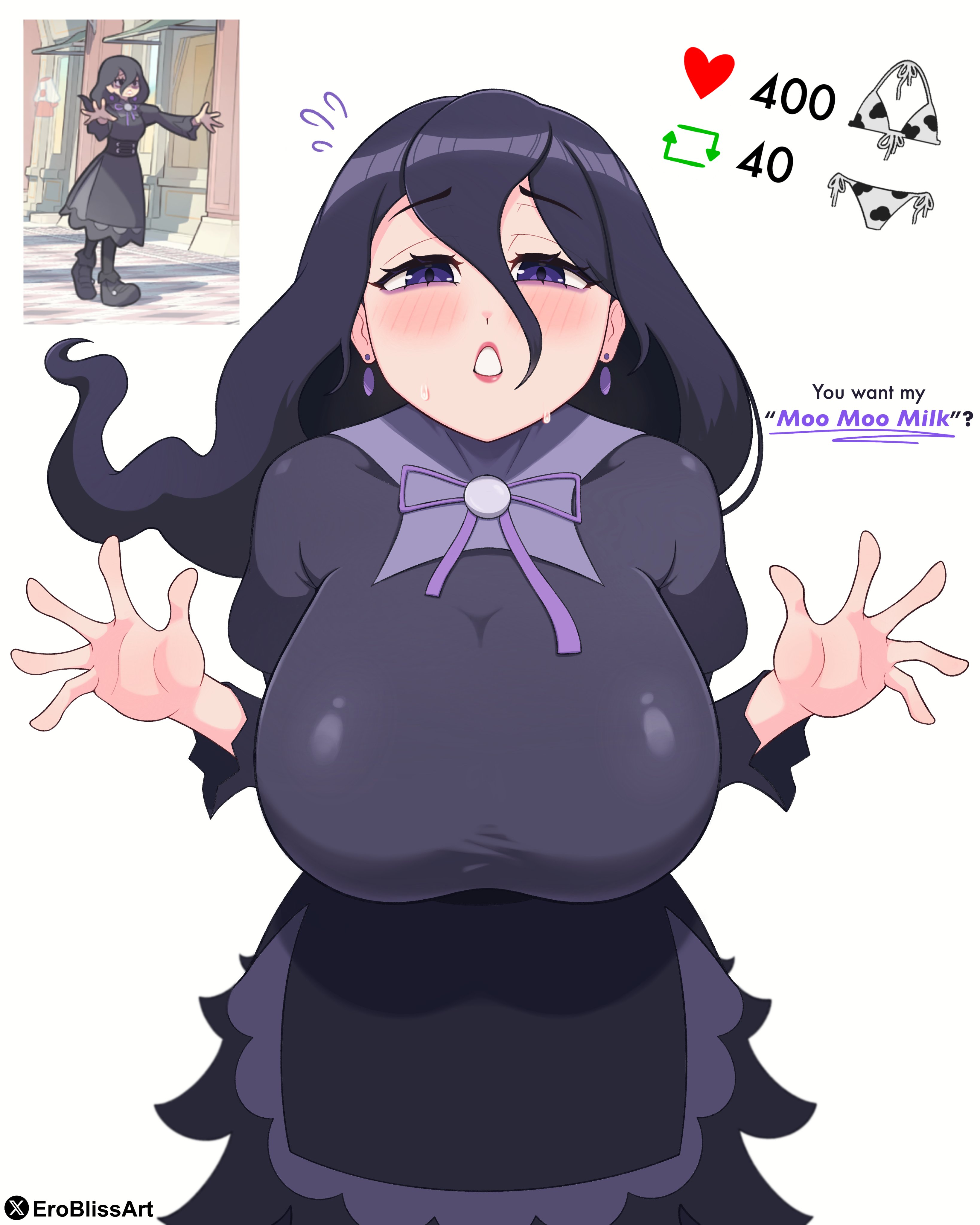 1girls, big breasts, blush, breasts, clothing, dress, ear piercing, earrings, english, english text, eroblissart, female, female only, game freak, hair, hex maniac, hex maniac (pokemon legends: z-a), huge breasts, large breasts, like icon, lips, long hair, looking at viewer, mature, mature female, npc trainer, pokemon, pokemon legends: z-a, purple dress, purple eyes, purple hair, retweet icon, solo, solo female, text