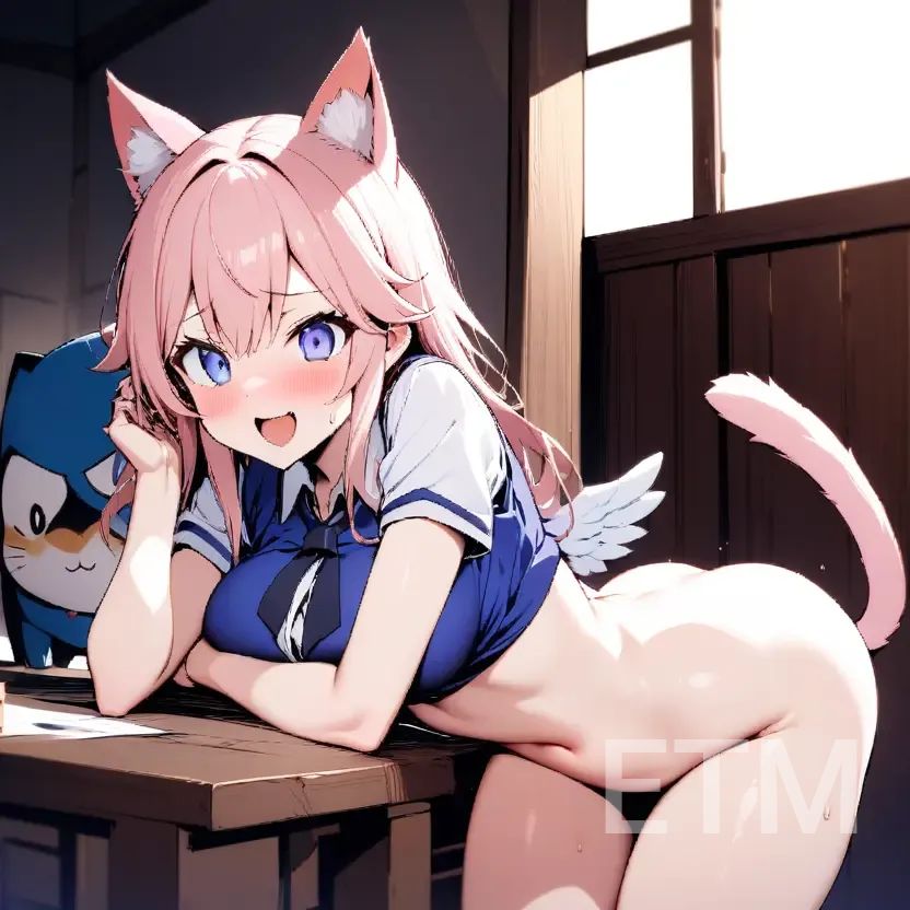 1girls ai_generated anatomically_inaccurate_tail_position animal_ears animal_humanoid ass belly belly_button bending_forward blue_hair blush bottomless cat_ears cat_tail catgirl crop_top female himari_neko hips leaning_forward leaning_on_object leaning_on_table legs_together long_hair looking_at_viewer navel nervous_smile open_mouth open_smile partially_clothed partially_clothed_female partially_nude pink_hair purple_eyes shirt solo stomach tail thick_thighs thighs thighs_together unknown_copyright