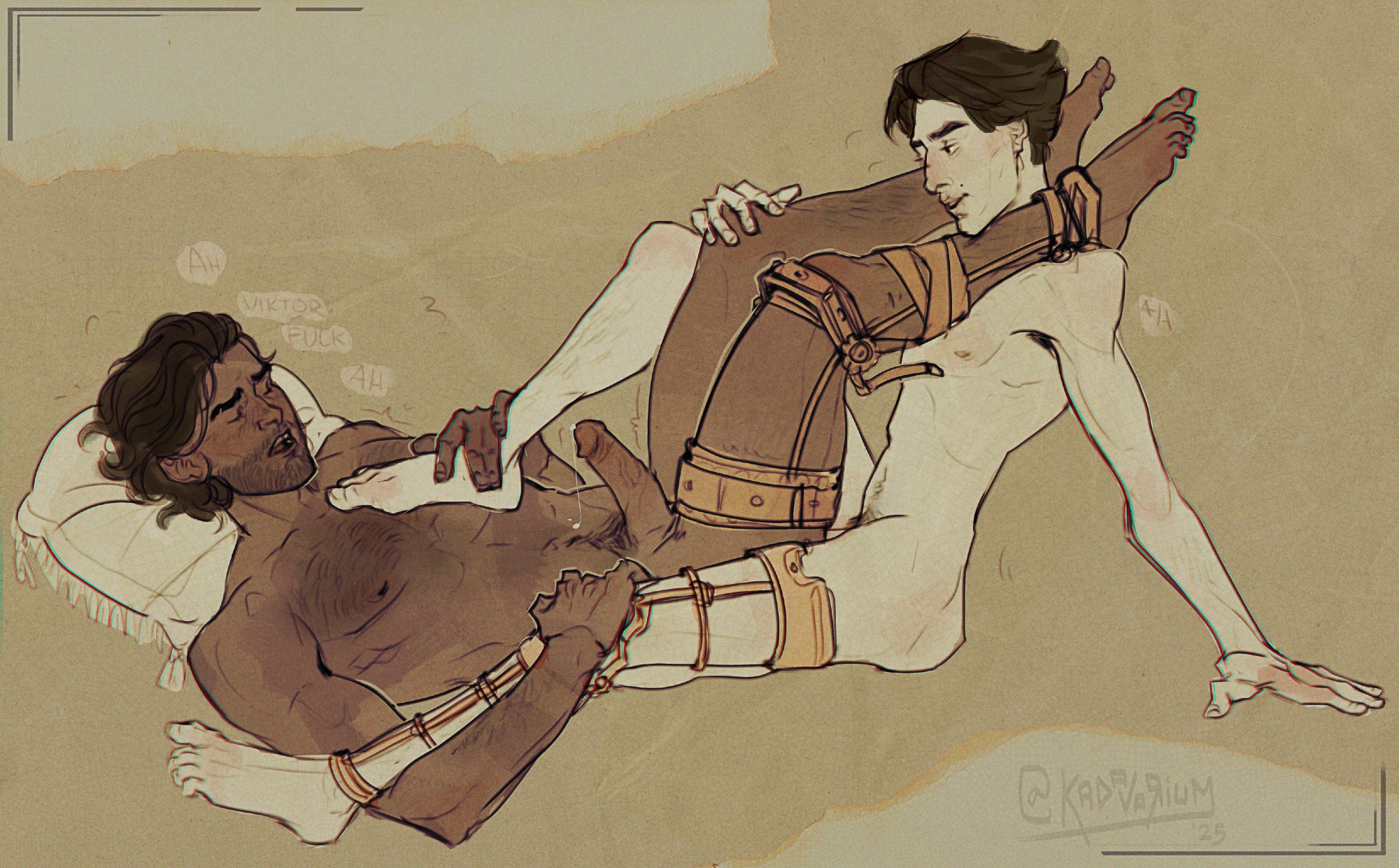2025, 2boys, arcane, arcane jayce, arcane viktor, black hair, brown hair, cum, digital media (artwork), feet, gay, gay sex, hairy, hairy male, jayce talis, kadavarium, male, male/male, mole, open mouth, penis, skinny, tan body, tan skin, viktor (league of legends)