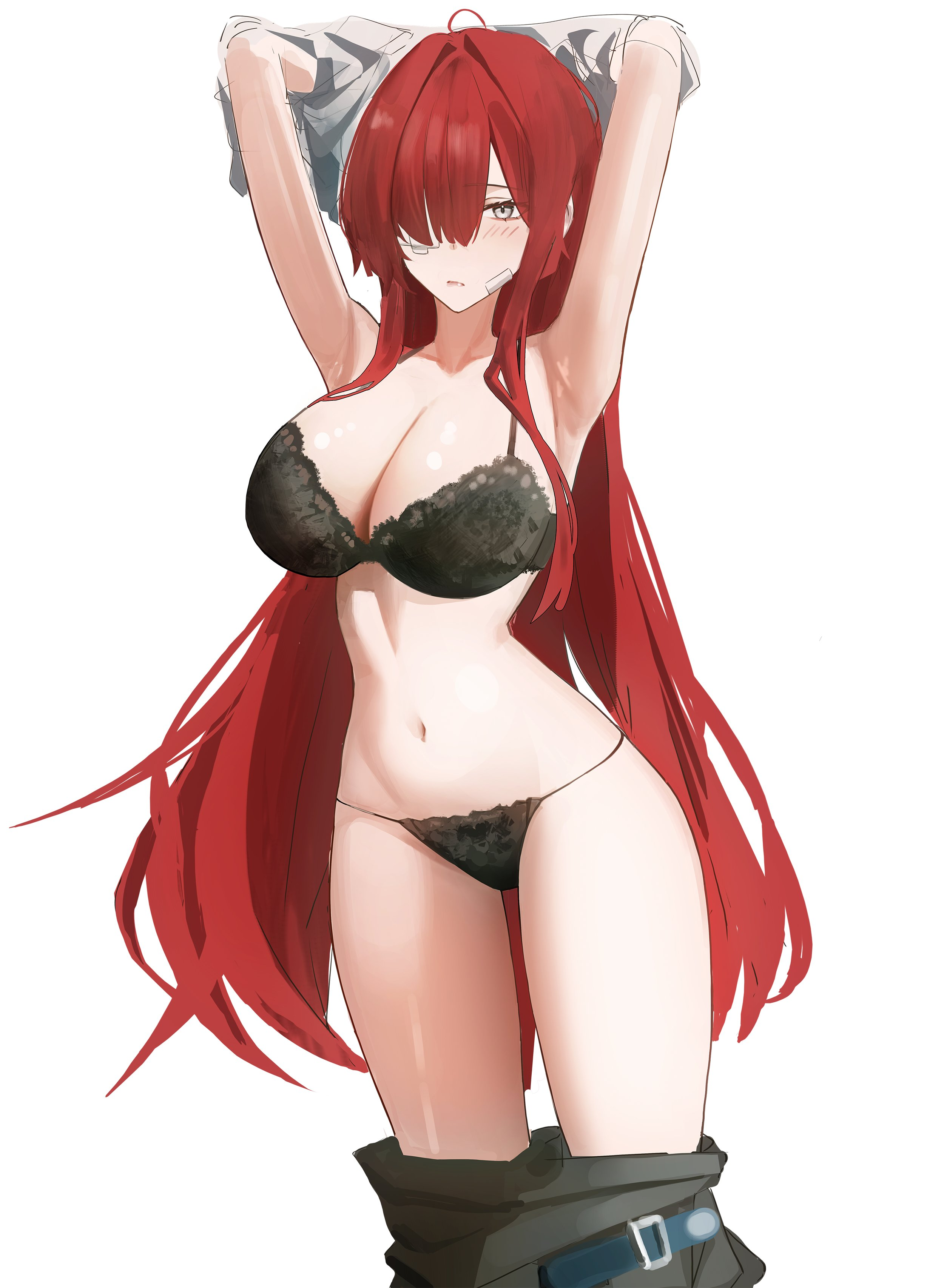 1girls, blush, breasts, female, female focus, female only, large breasts, limbus company, project moon, red hair, two strongtiger, underwear, undressing, yuri (limbus company)