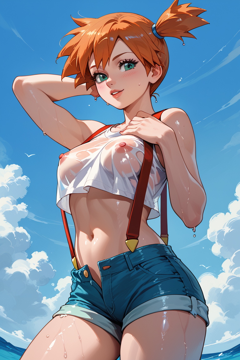 ai_generated breasts kasumi_(pokemon) nipples pokemon red_hair see-through shorts suspenders wet wet_shirt