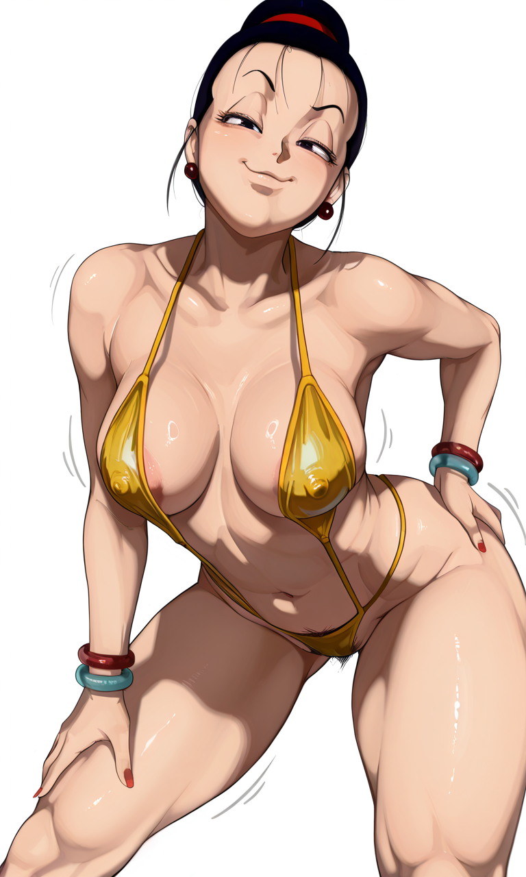 ai generated, angle view, ass, bangs, bent over, big hips, black eyes, black hair, chichi, dragon ball, dragon ball z, dynamic angle, half-closed eyes, hand on hip, jewelry, kamehasutra, looking at viewer, mature female, medium breasts, milf, milk, niamy, seductive look, skinny, sling bikini, smug smile, spread legs, standing, taller female, thick thighs, wide hips, yellow bikini