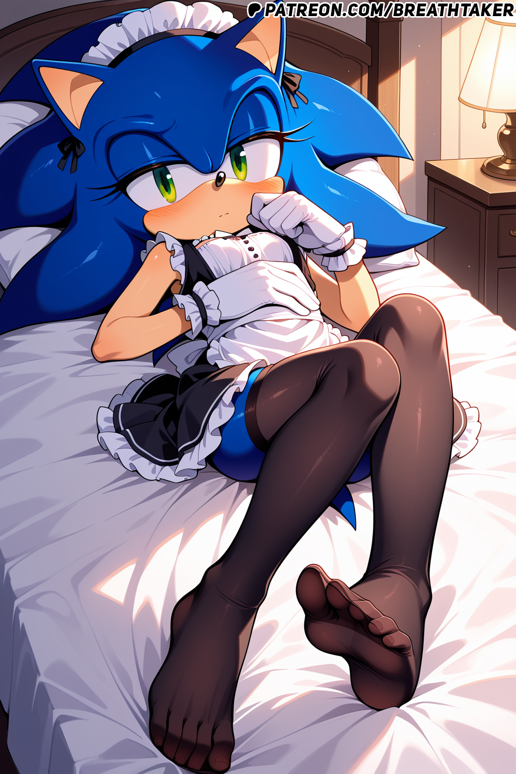 ai_generated bed bedroom blue_fur breathtaker furry furry_male green_eyes hi_res lying_on_back lying_on_bed maid maid_dress maid_headdress maid_outfit maid_uniform on_bed shy sonic_(series) sonic_the_hedgehog sonic_the_hedgehog_(series) stockings