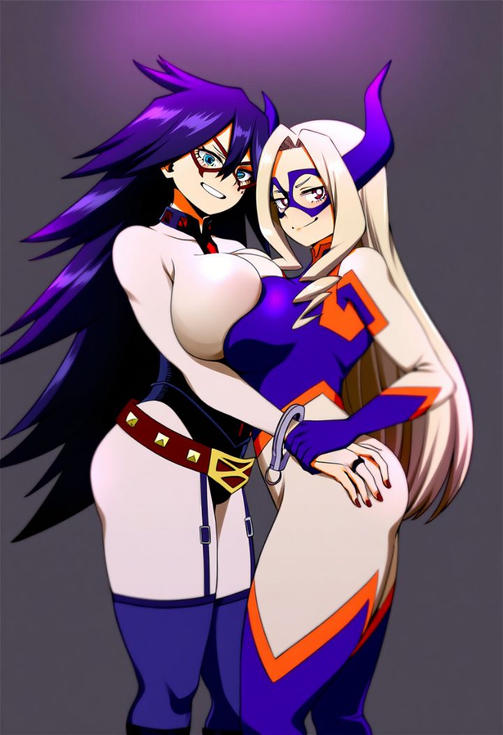 2girls ai_generated big_ass big_breasts black_hair blonde_hair boobs_touching breast_squish eyemask giantess hero_outfit_(mha) heroine long_hair midnight_(my_hero_academia) mount_lady my_hero_academia nemuri_kayama wide_hips yu_takeyama