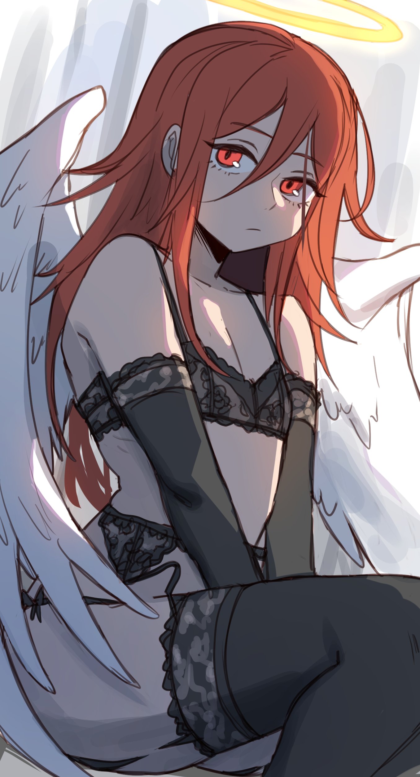 1boy, angel devil (chainsaw man), angel wings, arm gloves, armwear, bra, chainsaw man, femboy, garter belt, garter straps, gay, gay male, halo, legwear, lightsource, lingerie, looking at viewer, male, male only, panties, red eyes, red hair, solo, thighhighs, yaoi