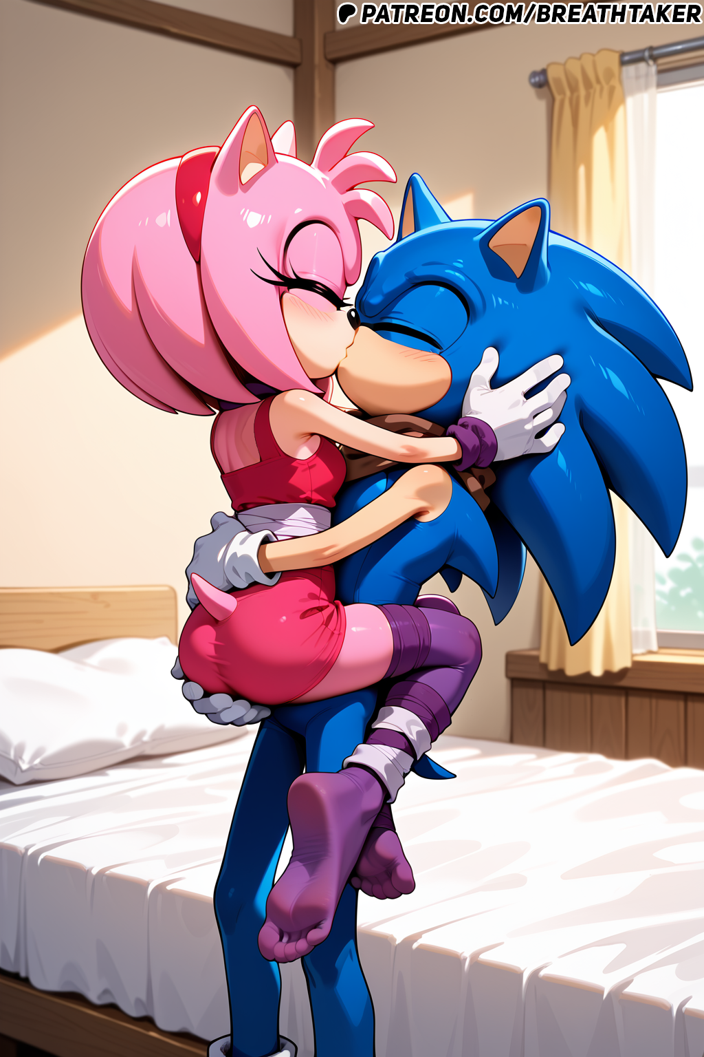 ai_generated amy_rose amy_rose_(boom) bandana bedroom blue_fur breathtaker carrying feet furry furry_female furry_male furry_only grabbing_ass green_eyes hi_res kissing pink_fur sonic_(series) sonic_boom sonic_the_hedgehog sonic_the_hedgehog_(series) stockings