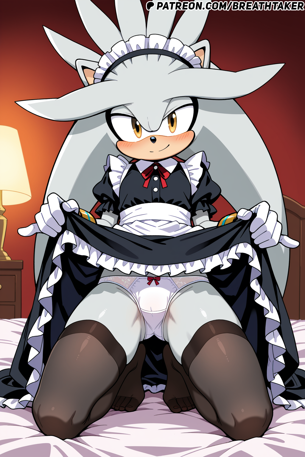 ai_generated bed bedroom breathtaker bulge dress_lift furry furry_male grey_fur hi_res kneeling maid maid_dress maid_headdress maid_outfit maid_uniform on_bed panties presenting silver_the_hedgehog sonic_(series) sonic_the_hedgehog_(series) stockings yellow_eyes