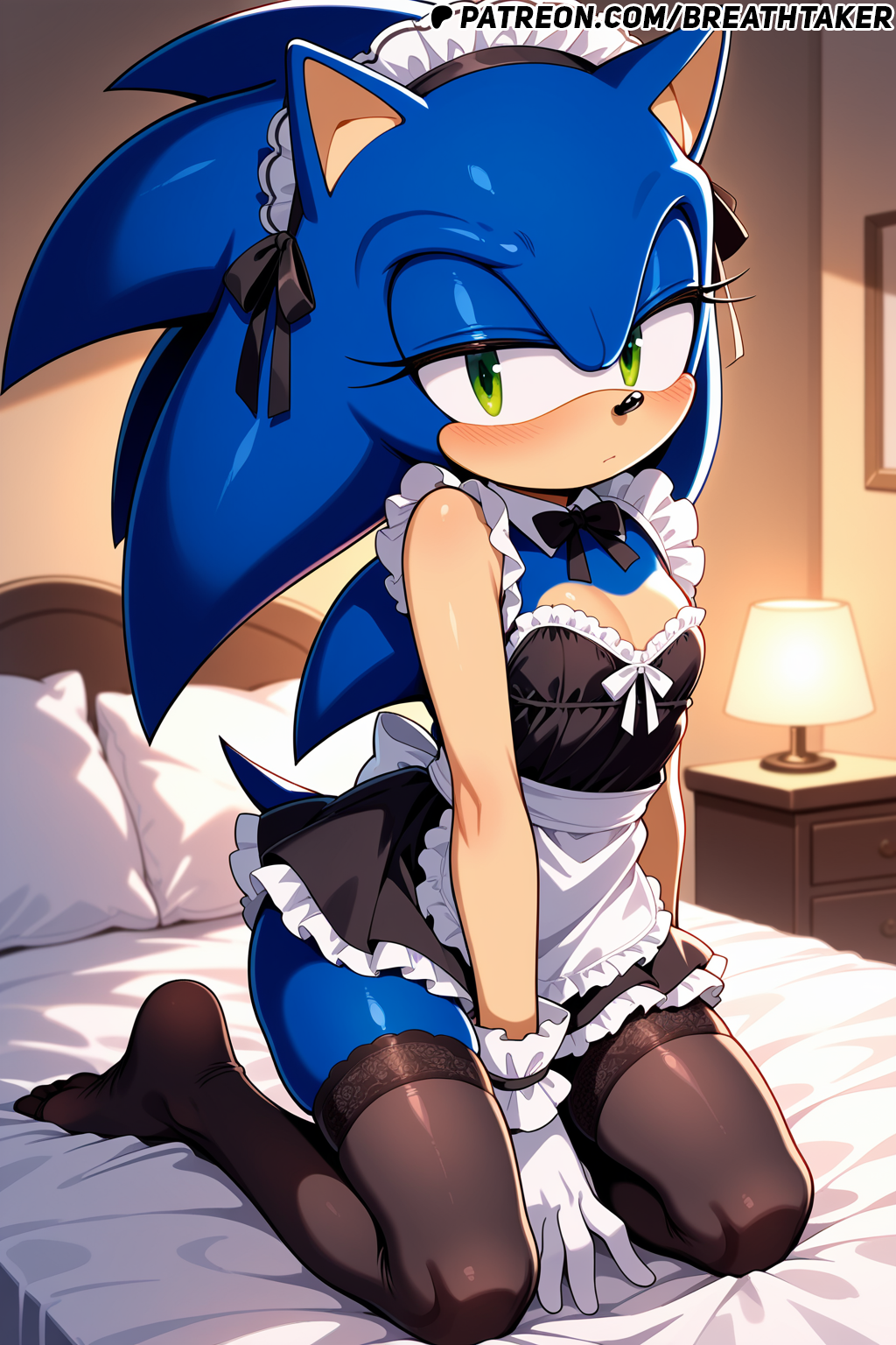 1boy ai_generated bed bedroom blue_fur breathtaker furry furry_male green_eyes hi_res kneeling maid maid_dress maid_headdress maid_outfit maid_uniform male male_only on_bed shy solo sonic_(series) sonic_the_hedgehog sonic_the_hedgehog_(series) stockings